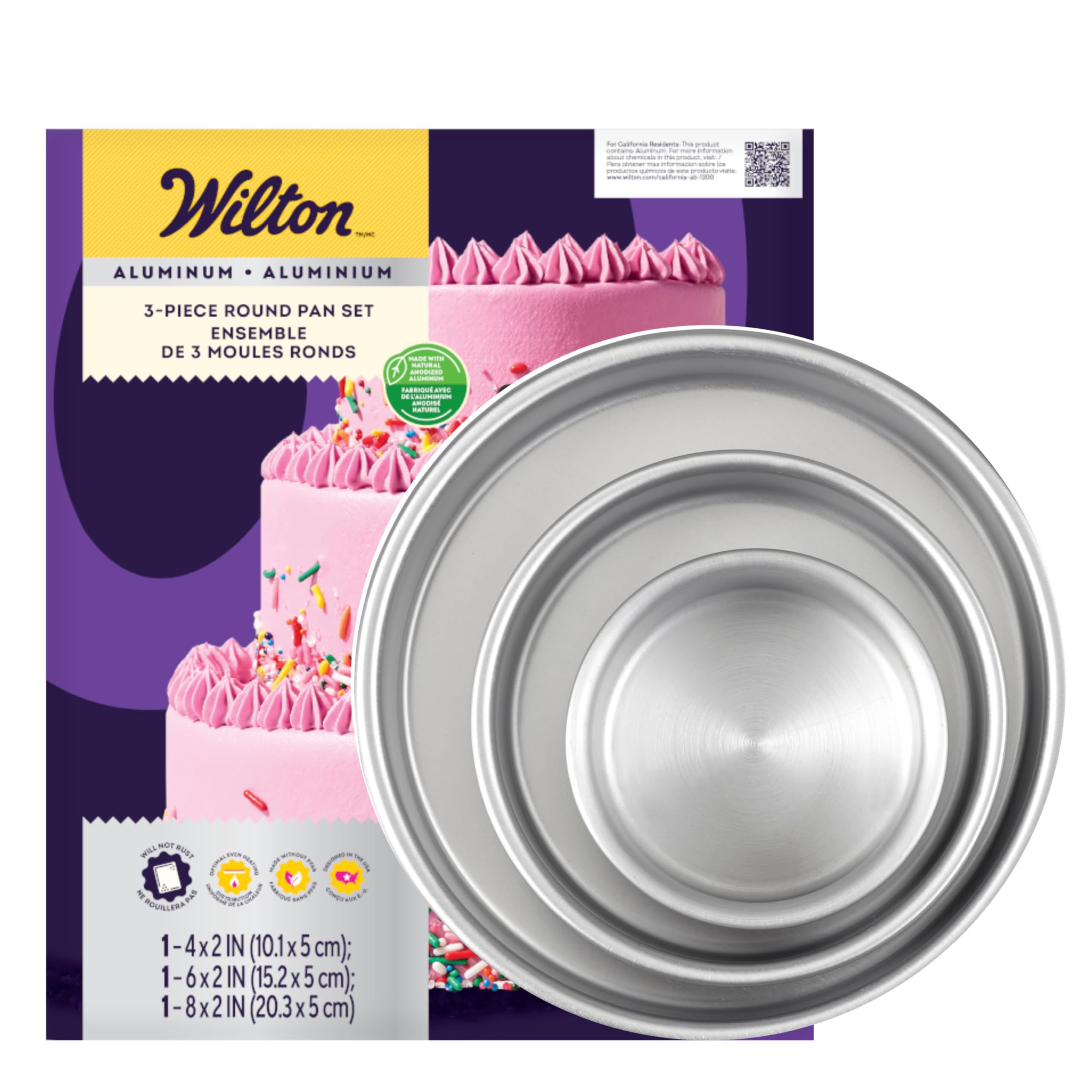 Wilton Round Cake Baking Tins Set, Aluminium, 3 Piece Set with 8in, 6in and 4in Cake Tins