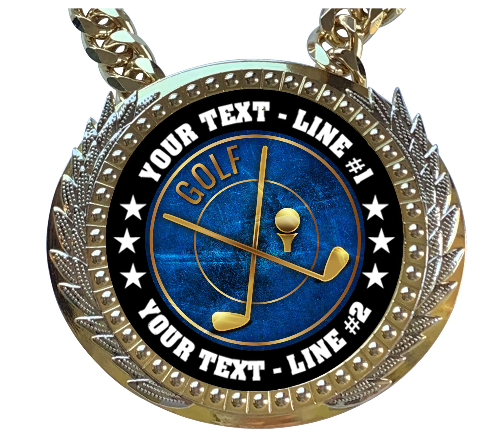 Express Medals Metal Version Golf Champ Chain Trophy with 2 Lines of Personalized Custom Text on a Large Award Medal and Attached 34 inch Long Metal Neck Chain. EG30