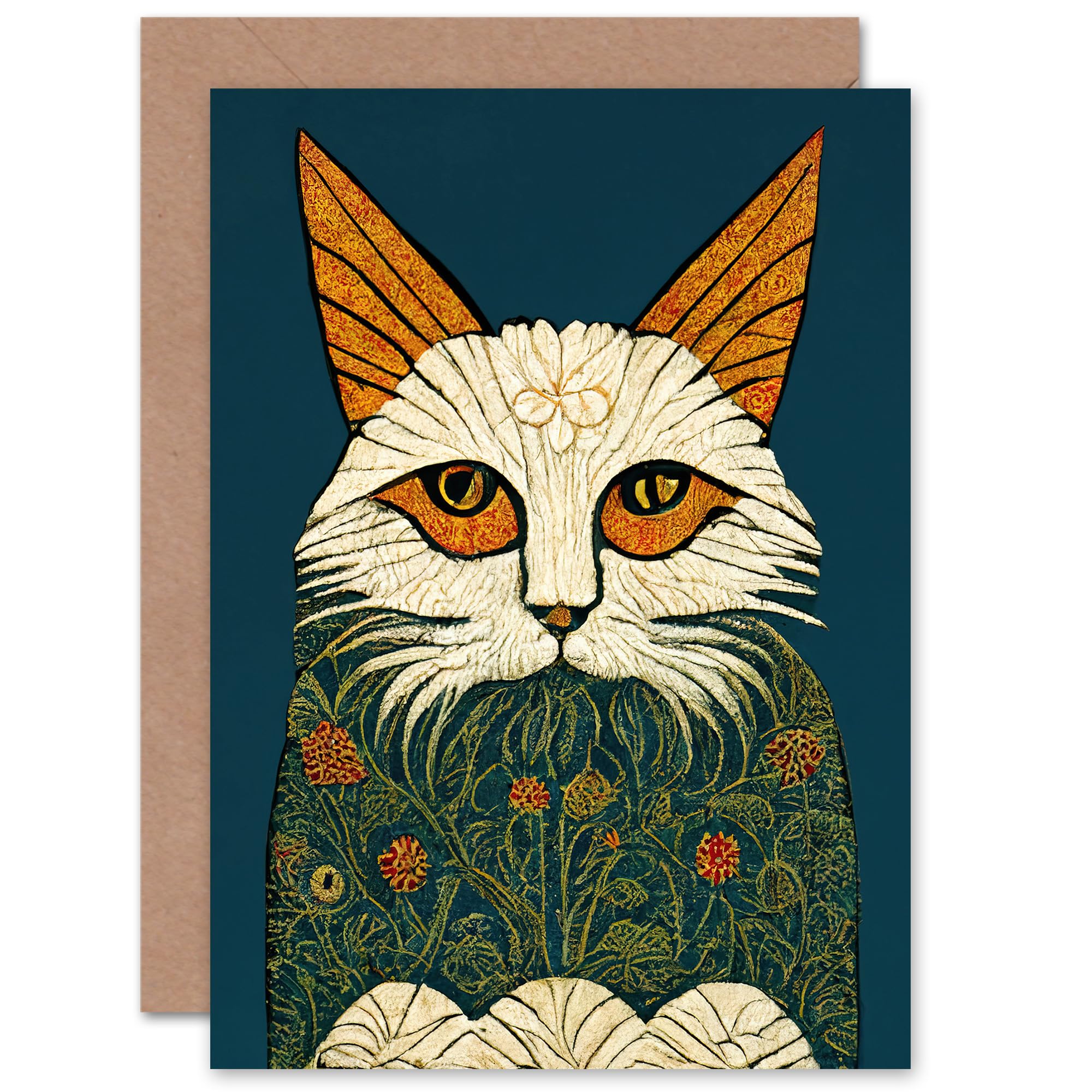 Artery8 Melancholy Moggie Cat Lover W Morris Style for Wife Her Mum Sister Daughter Mom Gran Nan Birthday Thank You Congratulations Blank Art Greeting Card