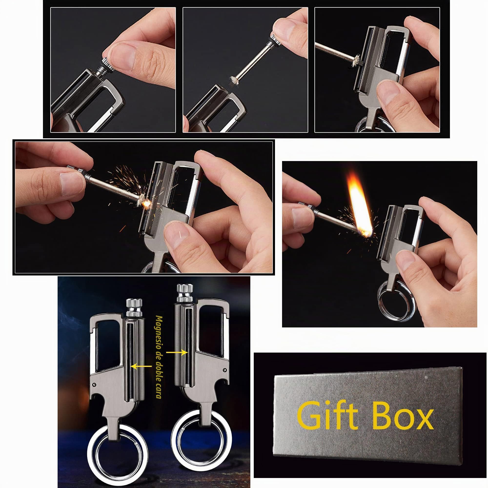 Encendedor de Fuego Pedernal Impermeable Metal Llavero Abrebotellas