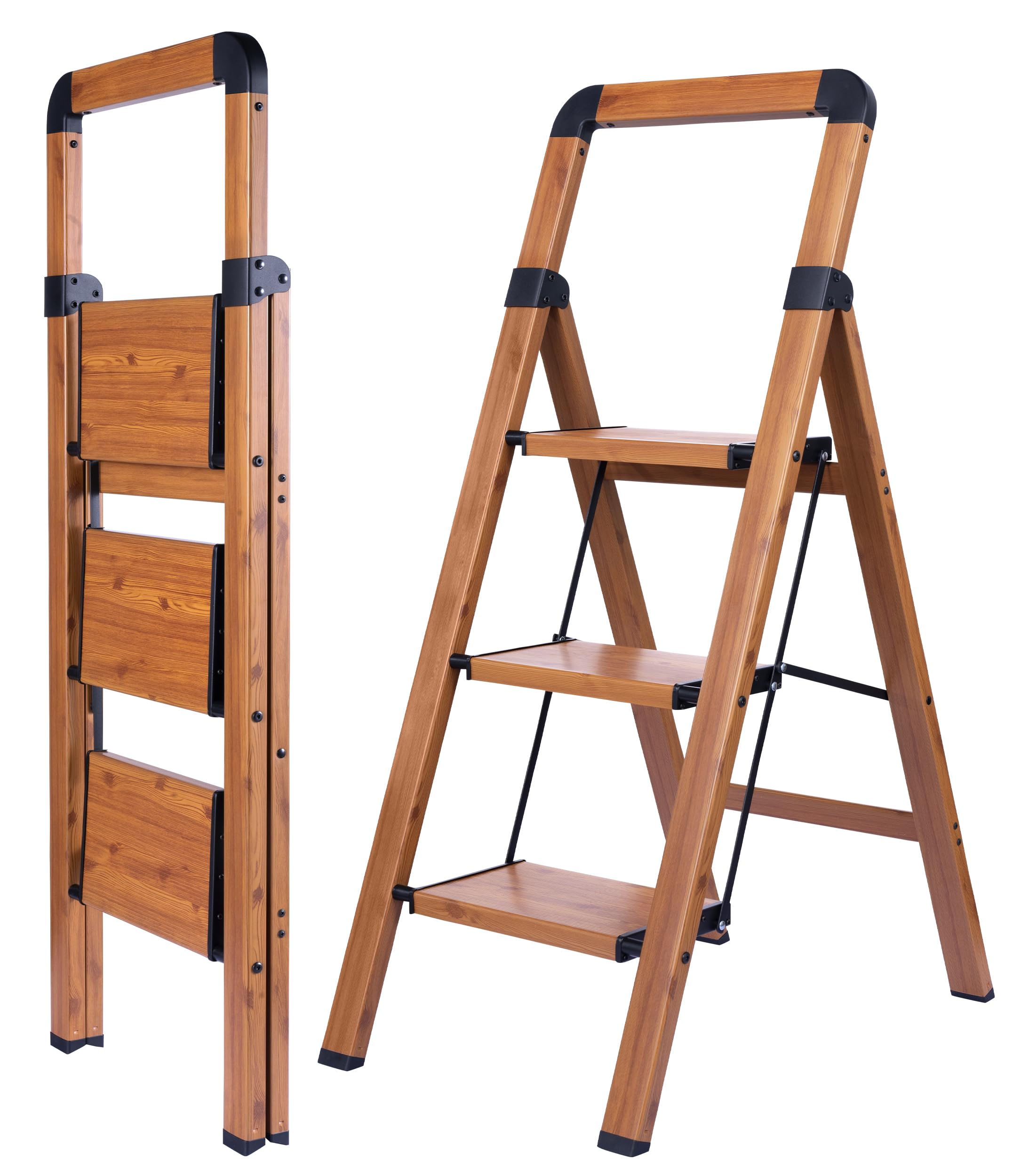 Bibkoke Woodgrain-1 Step Ladder 3-Step Woodgrain Finish Aluminum Folding Step Ladders,Anti-Slip Max 330 Lbs