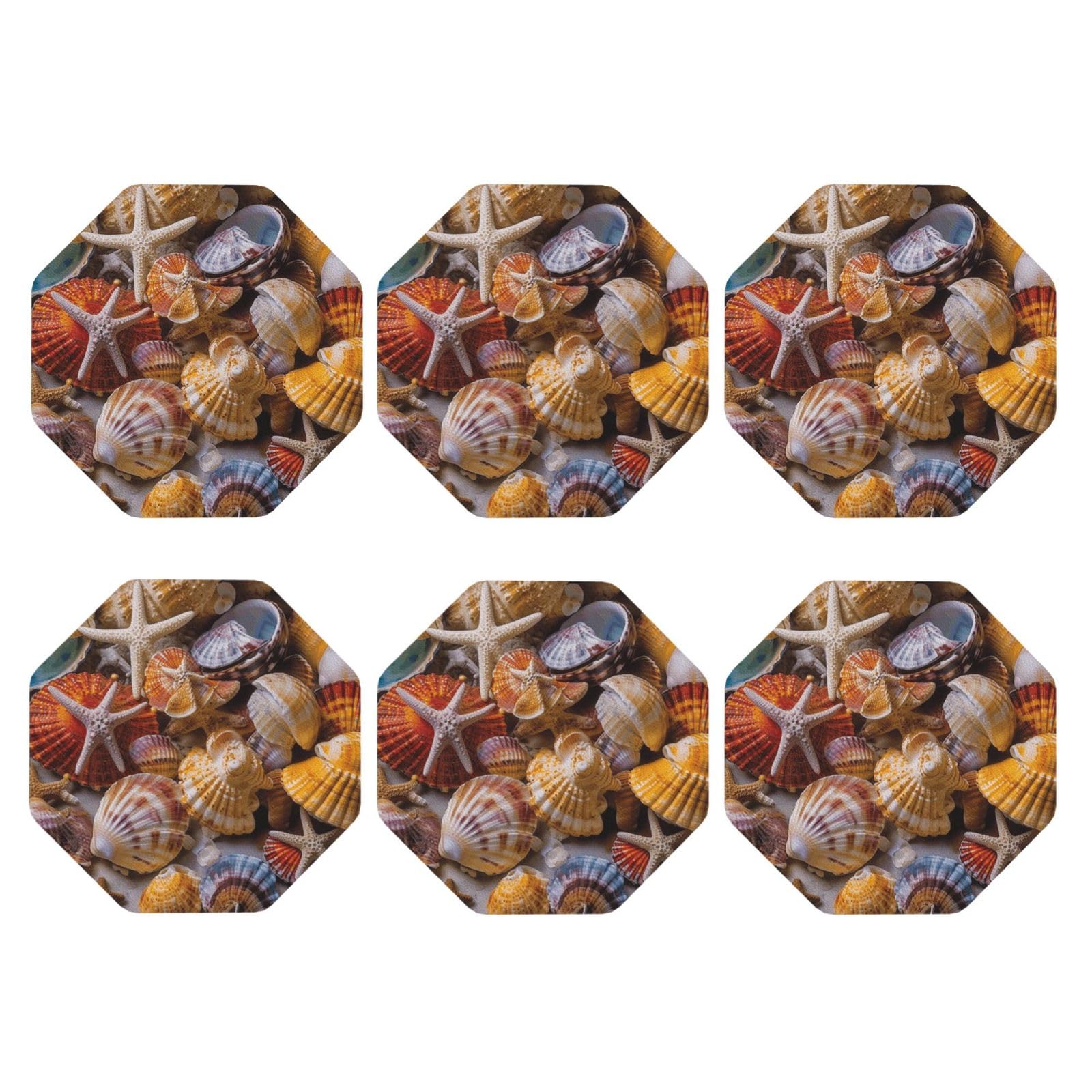 6pcs Leather Coasters for Drinks, Sea Shell Treasures Drink Coasters for Tabletop Protection, 4" Cup Coasters for Coffee Table Decor, Non-Slip Drinking Cup Mat for Hot Or Cold Drink