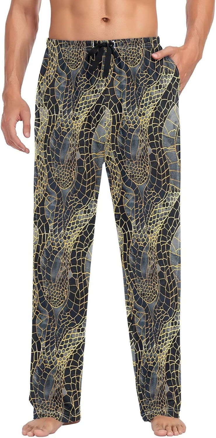 ALAZA Snake Skin Print Gold Men's Pajama Pants Men Cotton Pajama Bottoms with Pockets, S