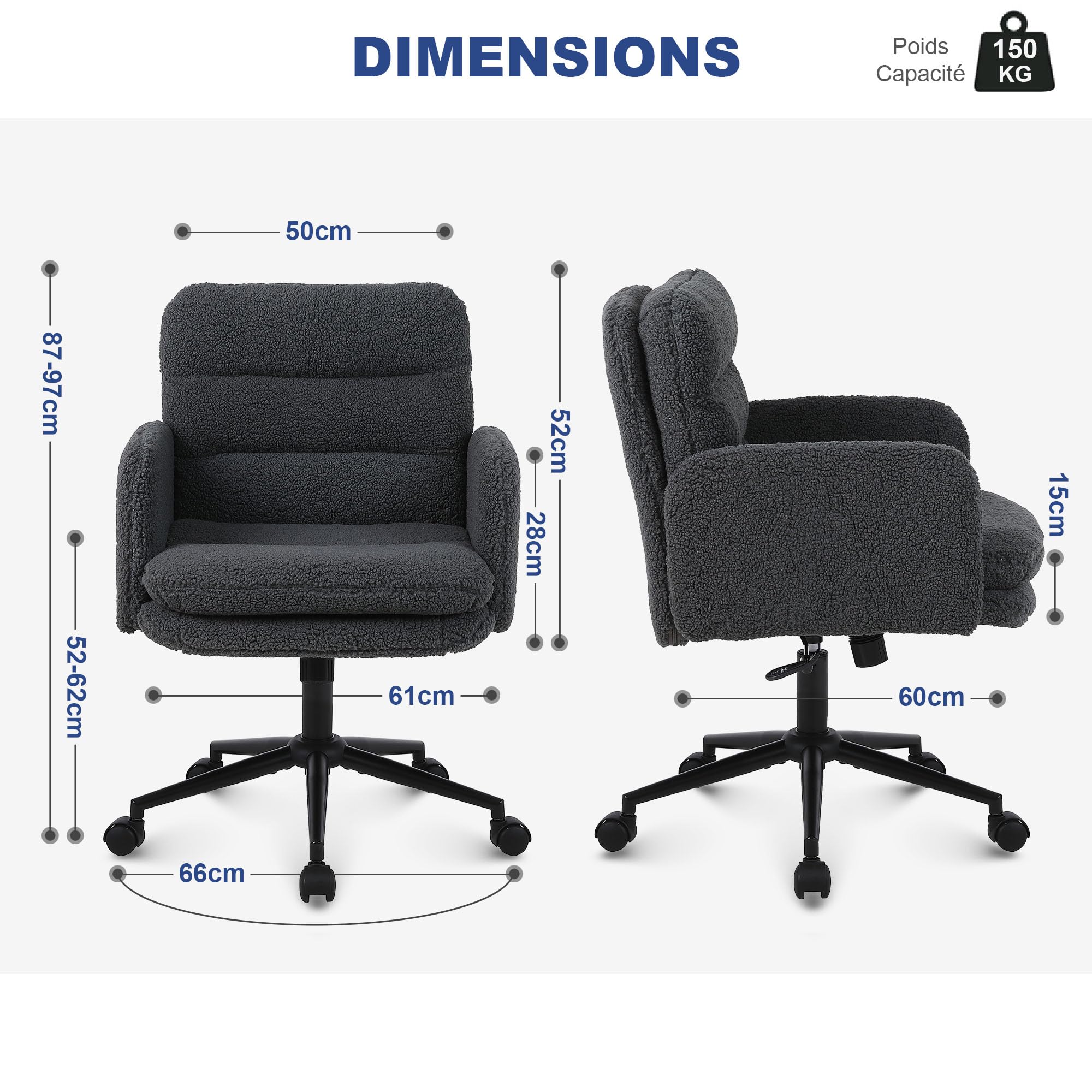 Youhauchair Chaise de Bureau, Imitation Cachemire, Chaise de Maquillage Confortable avec Hauteur réglable, Chaise Ergonomique de Bureau pour la Maison et la Chambre, Gris foncé