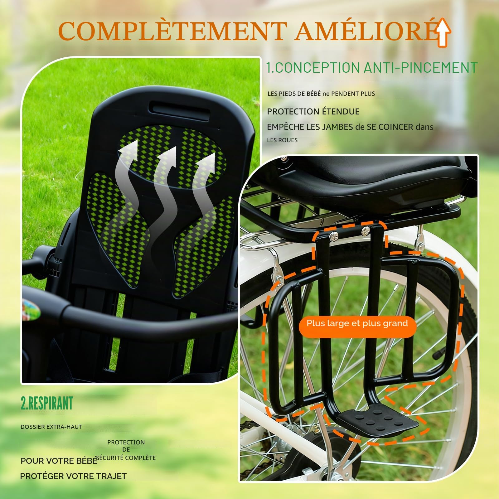 auvstar Siege Velo Enfant Arriere avec Dossier, Barrières de Sécurité et Repose Pieds pour Enfants 5 Ans+