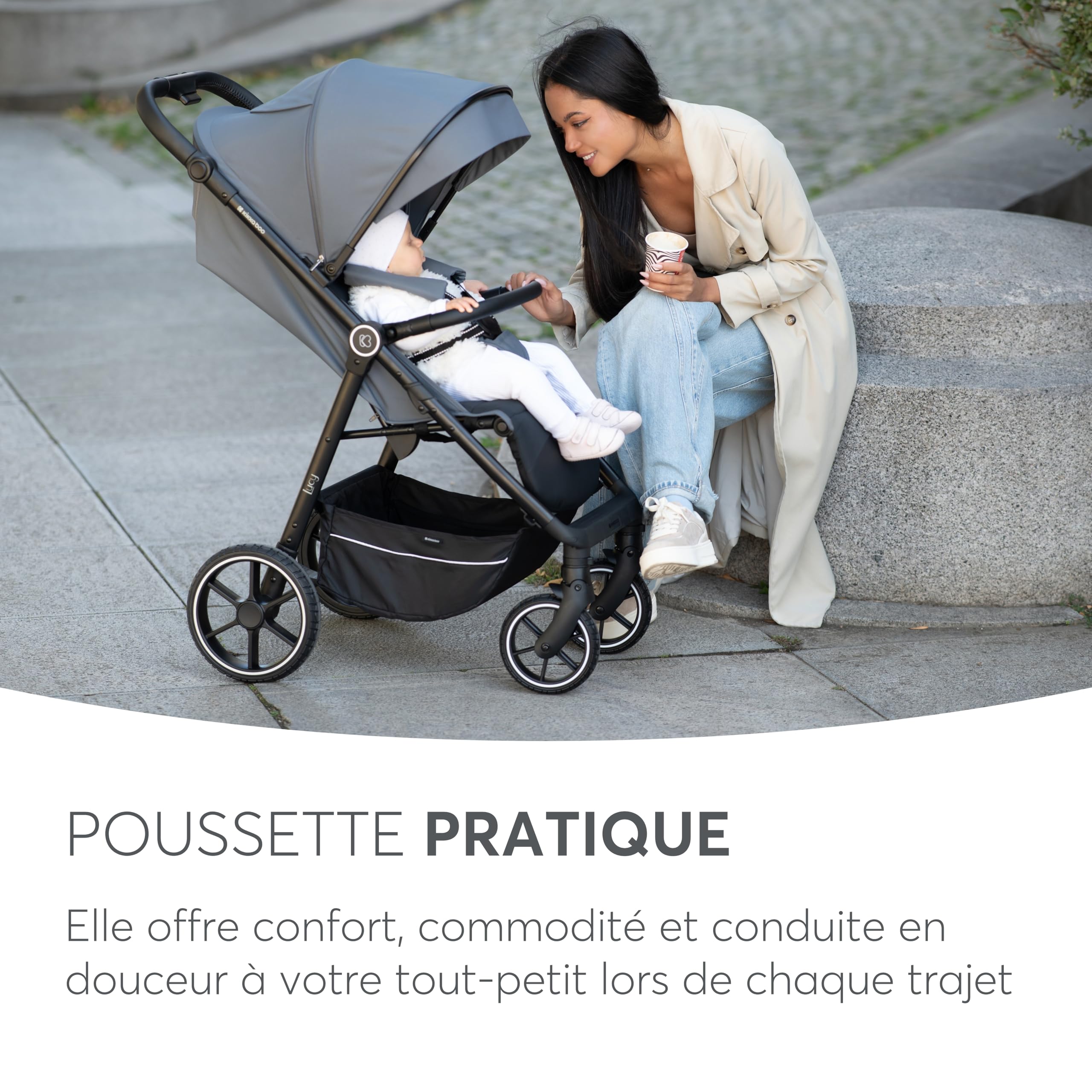 Poussette KikkaBoo LUCY, poussette bébé, jusqu'à 22 kg, poussette légère, pliable et compacte, noire