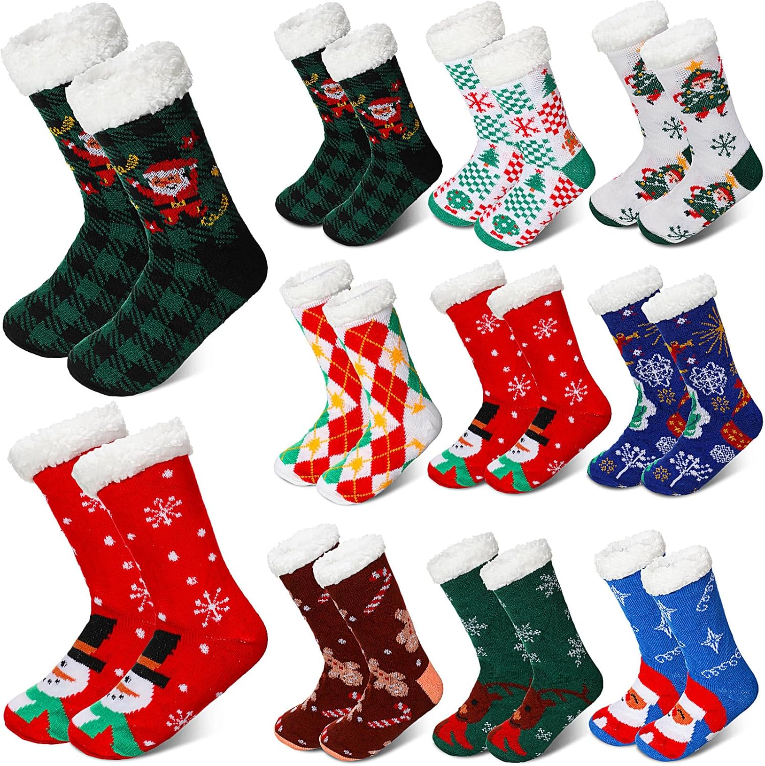 Suhine 9 Pairs Christmas Fuzzy Slipper Socks Winter Sherpa Fluffy Warm Fleece Lined Socks Non Skid Thermal Snowman Santa Socks for Women Home Xmas Gifts
