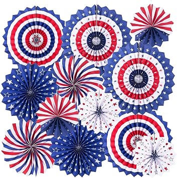 4th of July Patriotic Decorations - 12Pcs Hanging Paper Fan for USA Patriotic Decorations Independence Day Memorial Day American Theme Party Veterans Birthday Decor Supplies