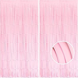 BRAVESHINE 2PCS Pastel Pink Foil Fringe Curtain Kids Party Backdrop - 3.3x8.2ft Pale Pink Tinsel Curtain Photo Booth Props For Girls Birthday Baby Shower Christmas Easter Princess Party Decorations