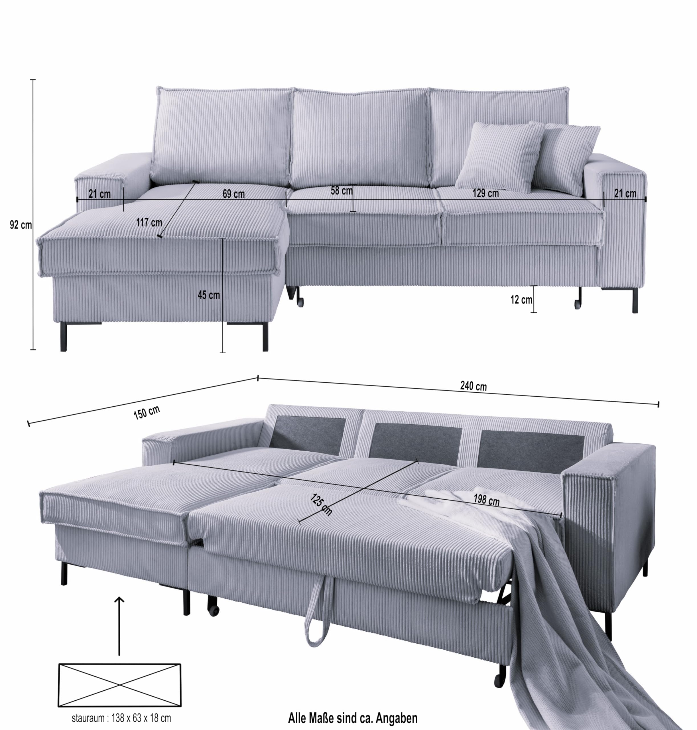 luma-Home 17223/ Ecksofa mit Schlaffunktion & Bettkasten, Beige Grau