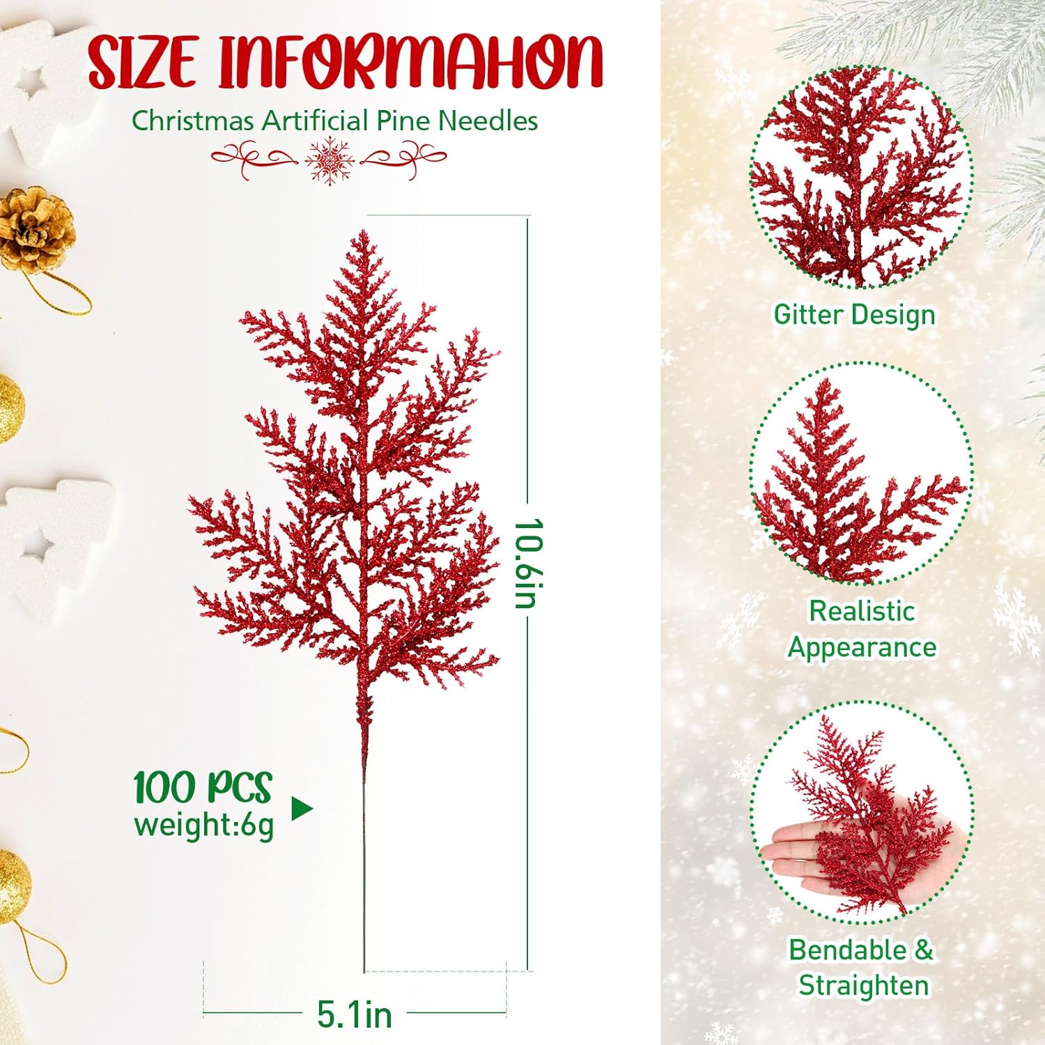 Hotop 100 Pcs Christmas Glitter Pine Branches Artificial Pine Stems Picks 10.6 Inches Christmas Pine Needles Leaves for Xmas Tree DIY Wreath Garland Home Winter Party Decoration(Red)