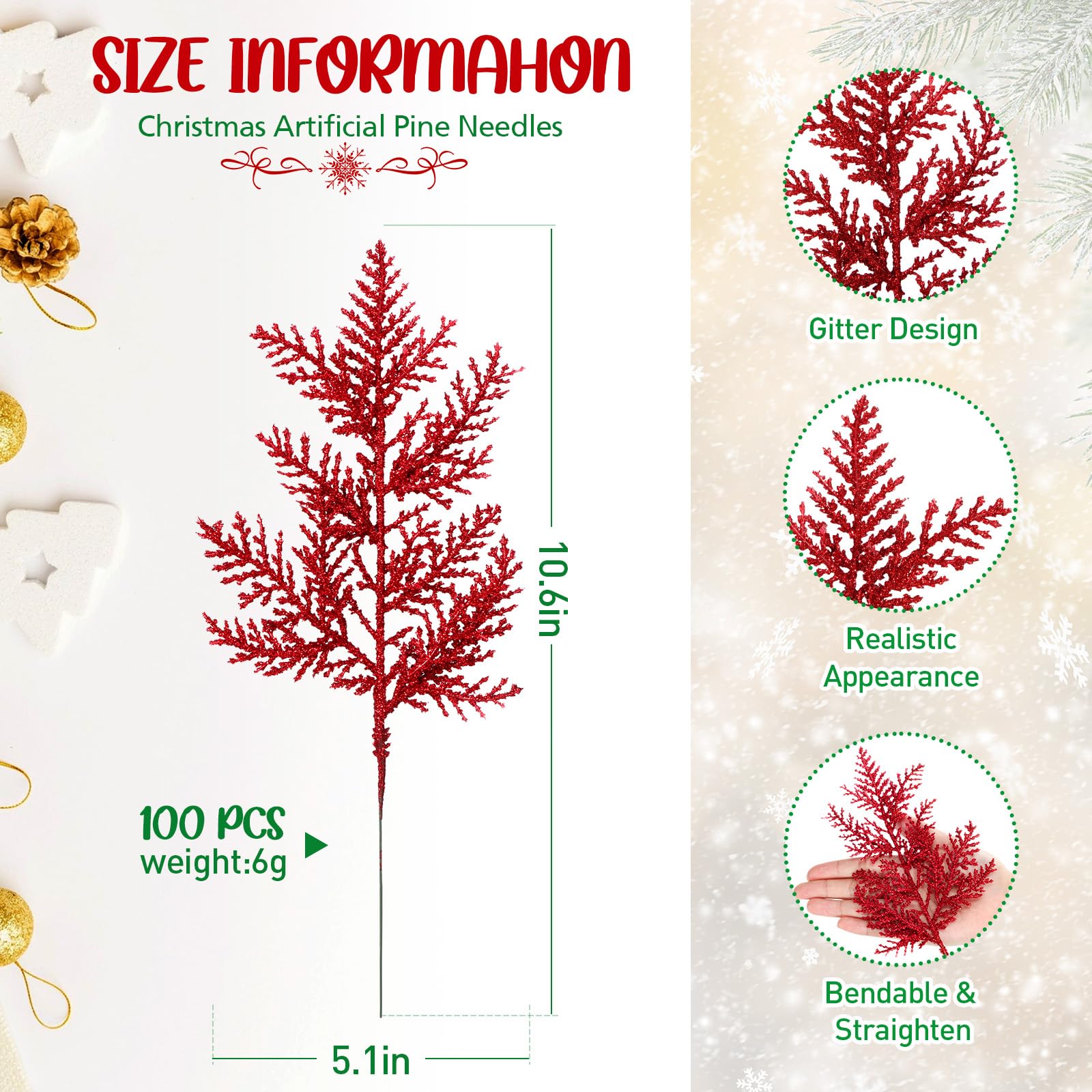 Hotop 100 Stück glitzernde Tannenzweige, künstliche Tannenstiele, 26,7 cm, Weihnachts-Tannennadeln, Blätter für Weihnachtsbaum, DIY-Kranz, Girlande, Zuhause, Winter-Party-Dekoration (rot)