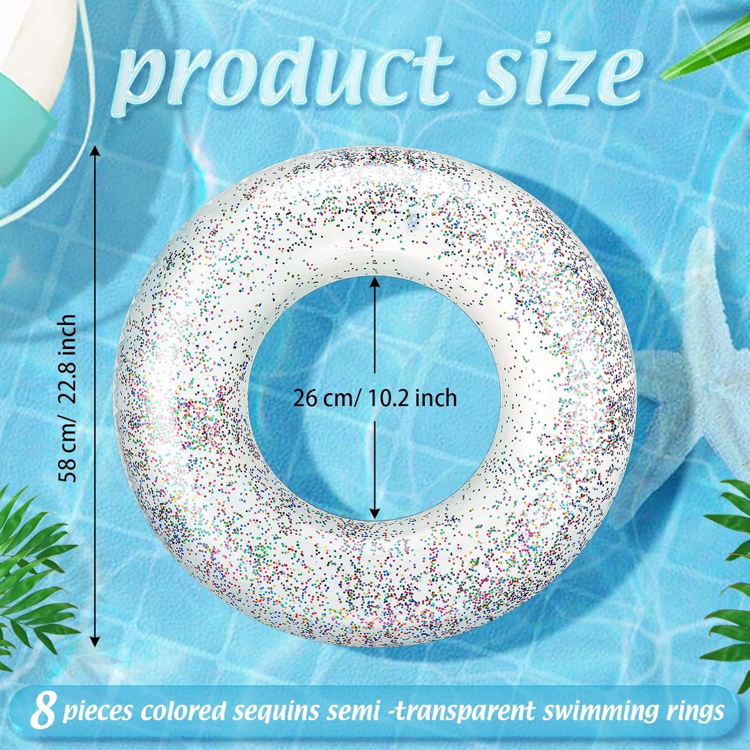 Wettarn 8 Pcs Inflatable Pool Floats Toys Swim Tubes Rings Inner Glitter Sequin Pool Tube Water Swimming Party Ring Float Tube for Adults Outdoor Summer Beach Swimming(Clear)