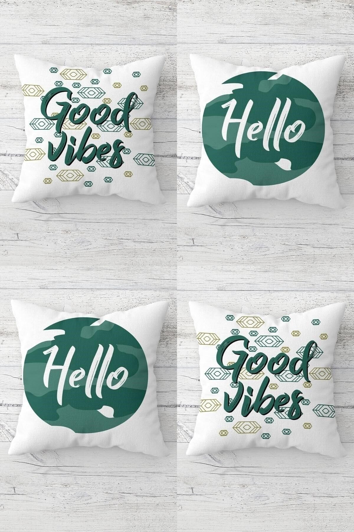 Pelangi Good Vibes Hello Yazılı Gizli Fermuarlı Kırlent Kılıfı Koltuk Yastık Kılıfı Takım(4adet), Yeşil-Beyaz 43 x 43