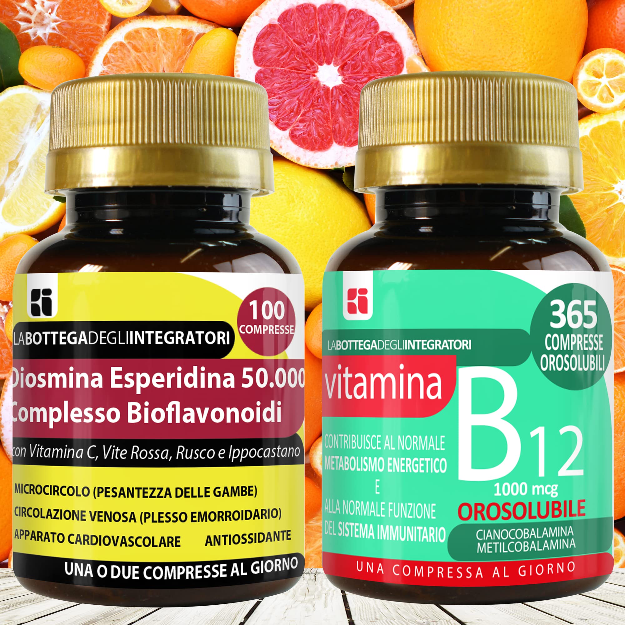 Set di Integratori Circolazione Antiossidante + Energia | Diosmina Esperidina Bioflavonoidi 100 Compresse + Vitamina B12 365 Compresse Masticabili | Senza Glutine e Lattosio