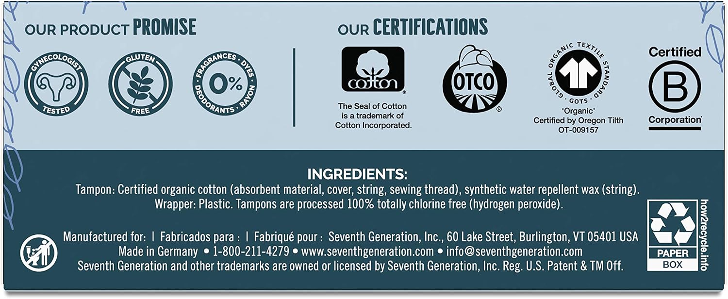 Seventh Generation Tampons, Non-Applicator, Organic Cotton, Regular Absorbency, 20 count (Packaging May Vary)