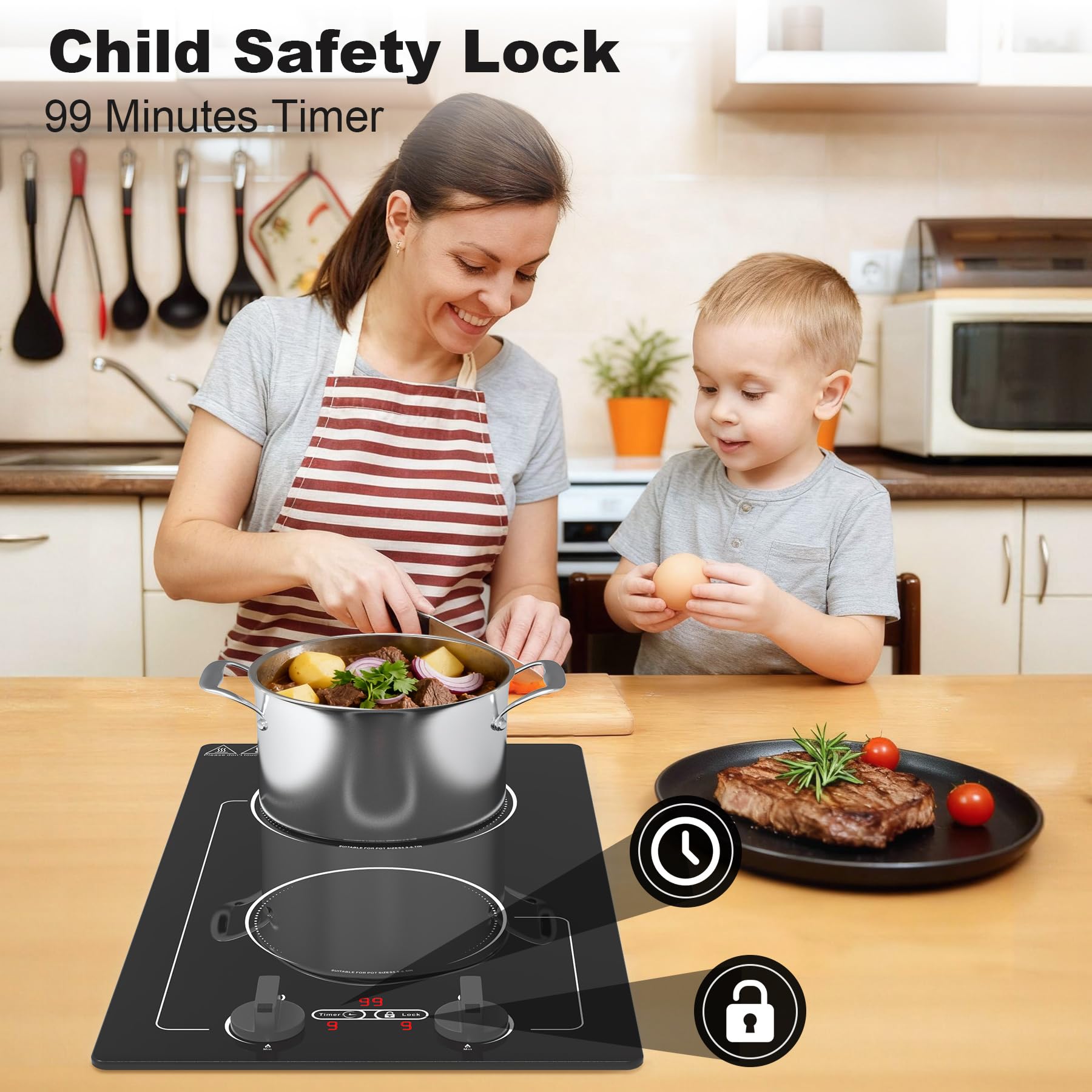 VBGK Induction Hob,220V 3000W twin induction hob with LED Touch Screen, 10 Power Levels, Kids Lock & Timer, Overheat Protection, knob and touch control Double Induction Hob — view 3