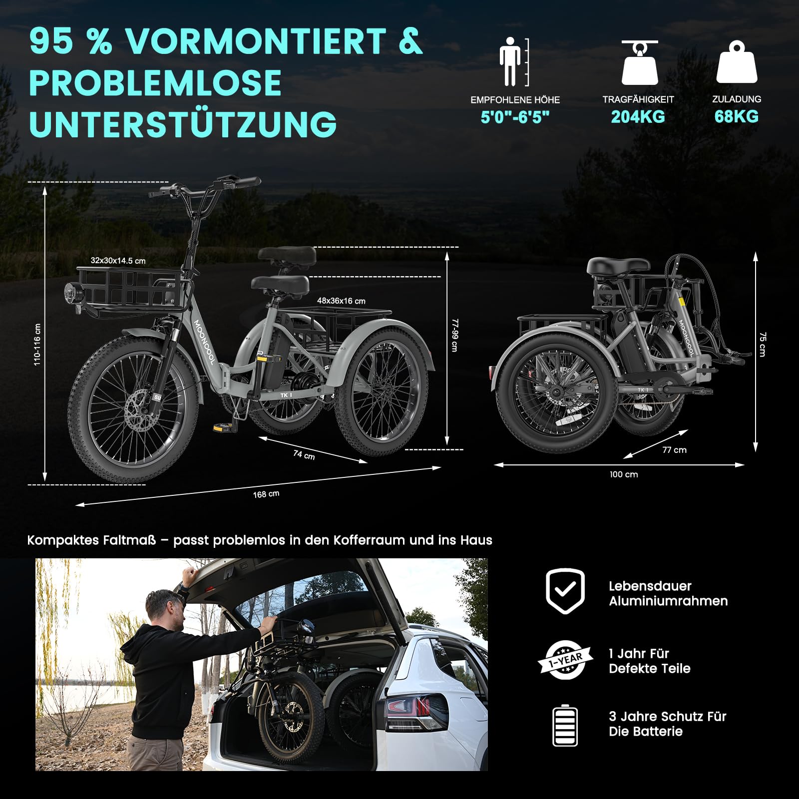 MOONCOOL VéLo Pliable E Bike, VéLo éLectrique 20 Pouces pour Hommes Et Femmes avec Batterie 36V 20 Ah, Moteur 250W, éCran LCD, Vitesse 25 Km/H, IP65, 45 NM, avec Grands Paniers