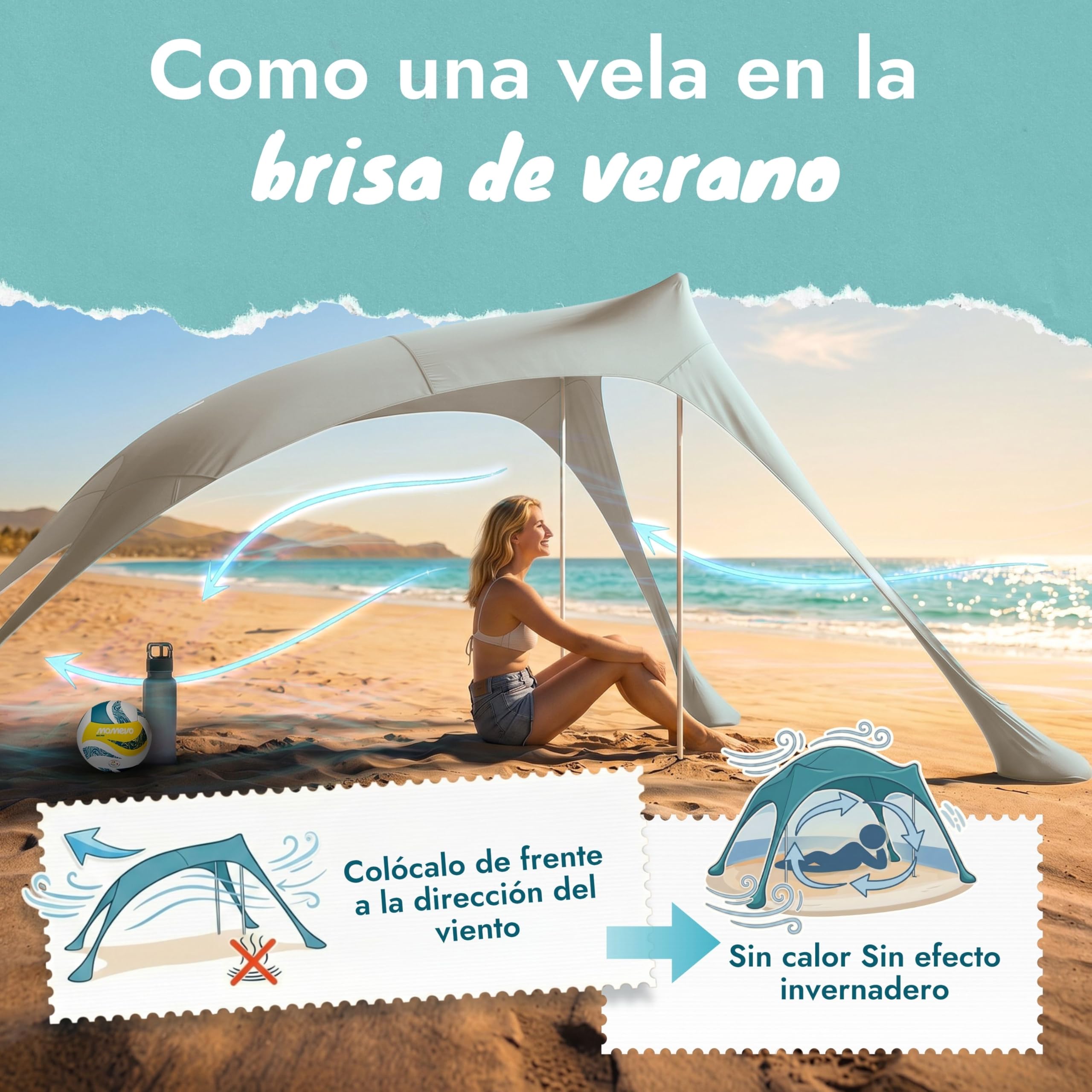 Tienda de Playa con toldo Solar – Refugio de Playa con protección UV UPF 50+, Resistente al Viento y Ligera, Tienda de Playa de Nueva generación (2 Barras, Arena)
