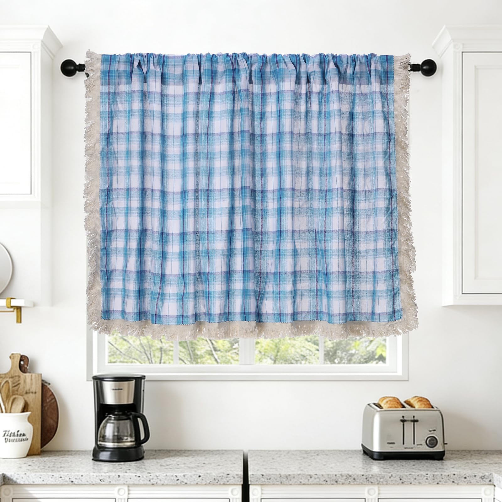 Cenefas de cortina para ventanas pequeñas de dormitorio y sala, visillos cortos con bolsillo