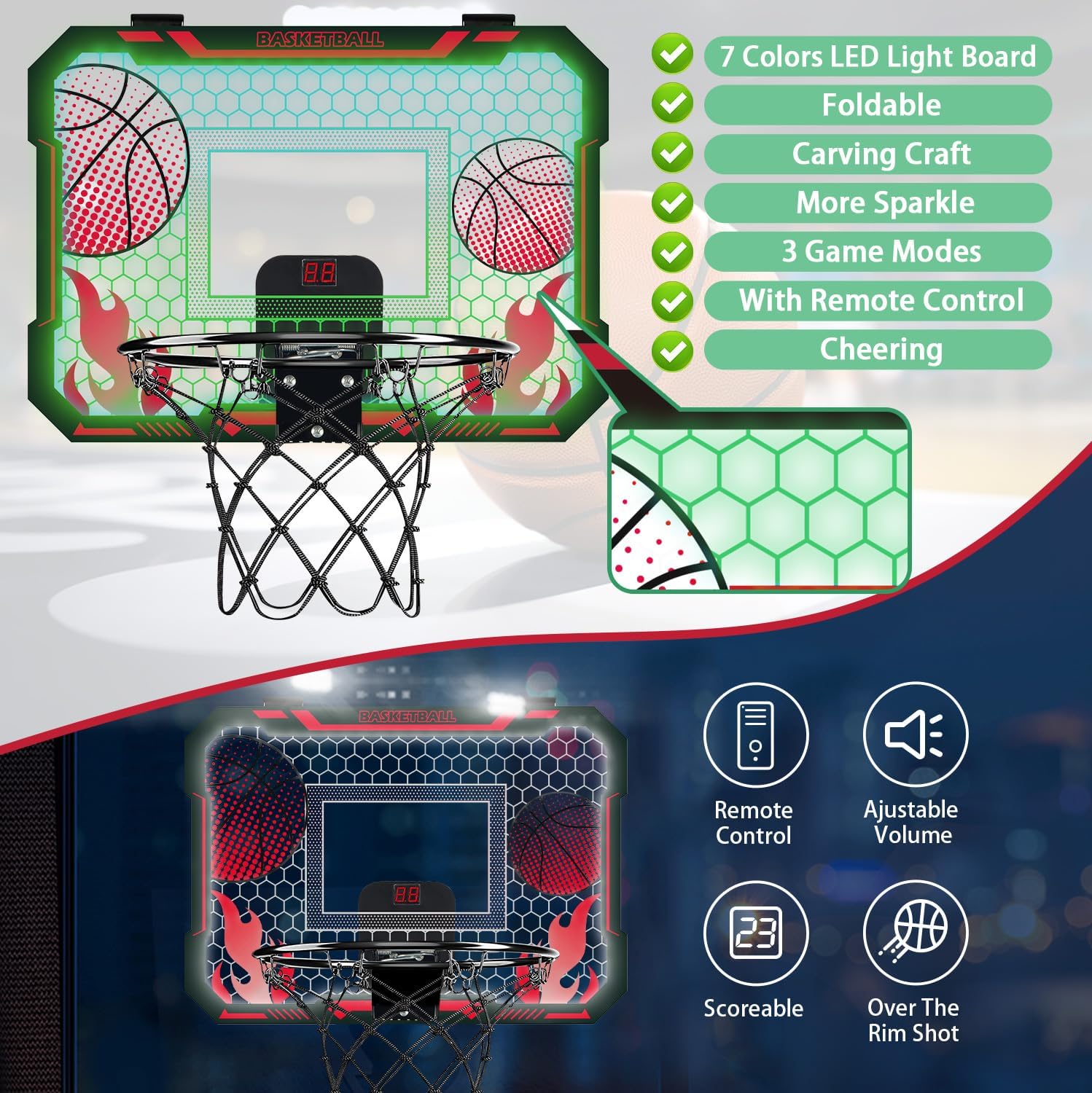 Indoor Basketball Hoop for Kids with Led Lights Mini Basketball Hoop with Remote Control Over The Door Basketball Hoops with Scoreboard Basketball Toys for 4-12 Year Old Boys Girls
