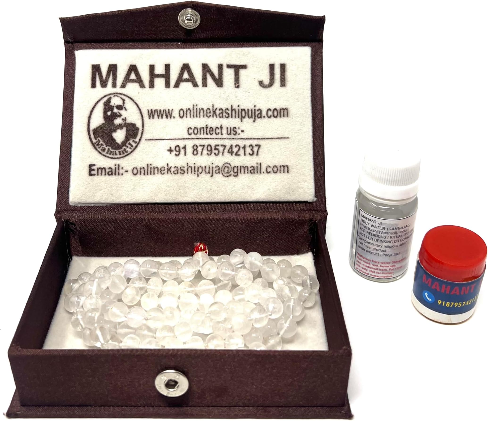 MAHANT JI 100% Natural and Original 108 + 1 Beads Sphatik Or Crystal Mala with Lab Certificate, Gangajal and Chandan from Kashi (Weight Between 60 Gm to 75 Gm)