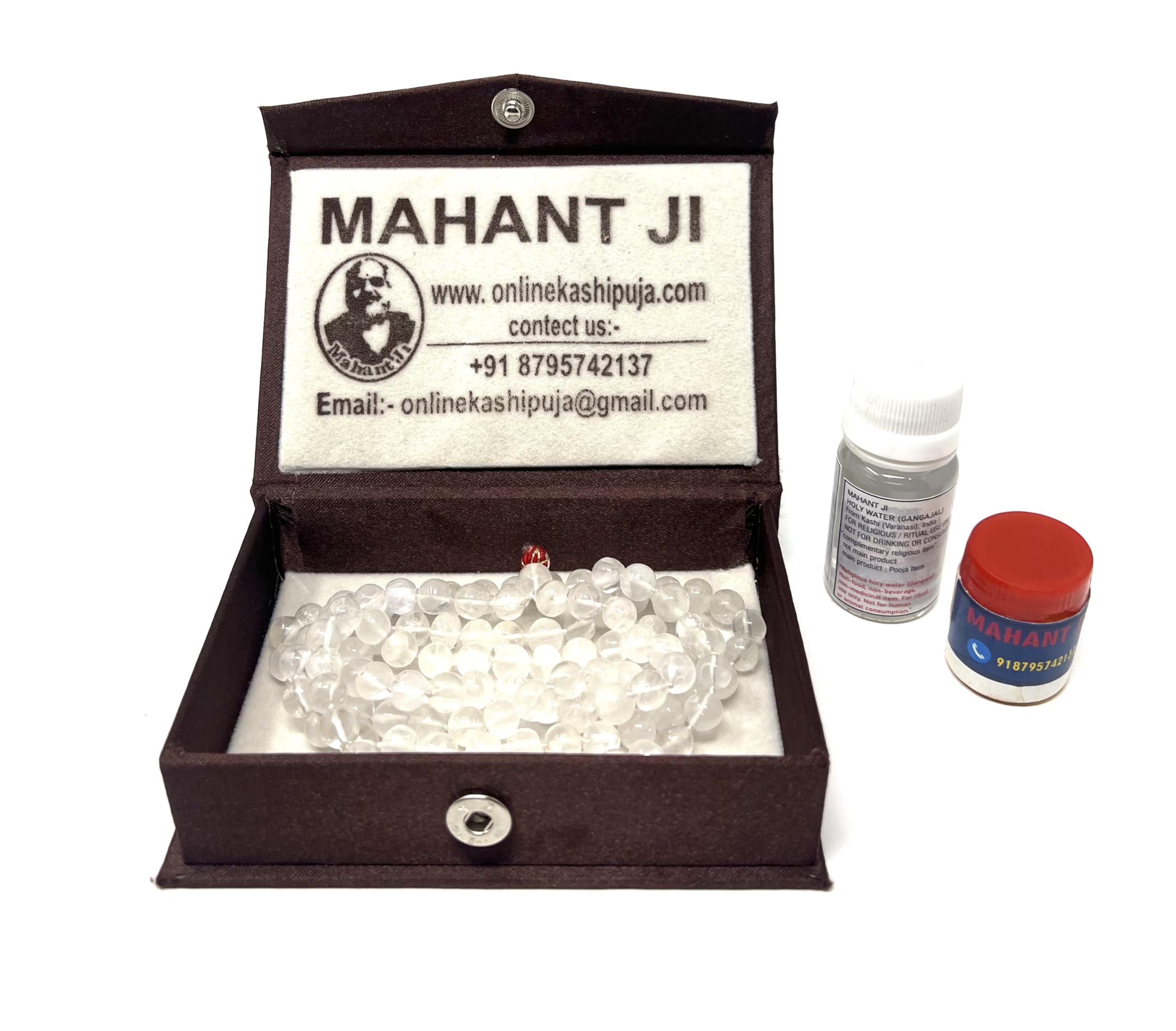 100% Natural and Original 108 + 1 Beads Sphatik Or Crystal Mala with Lab Certificate, Gangajal and Chandan from Kashi (Weight Between 60 Gm to 75 Gm)