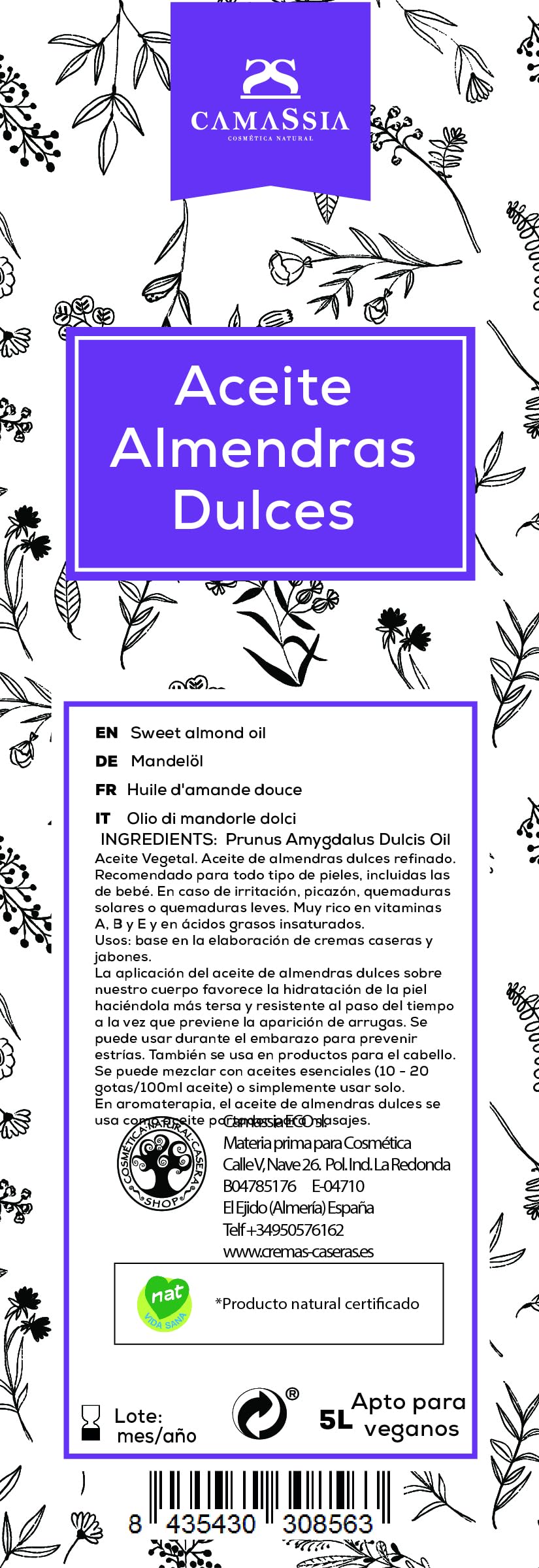 Camassia Aceite de almendras dulces | Aceites vegetales | Aceite de almendras dulces refinado | 5 Litros