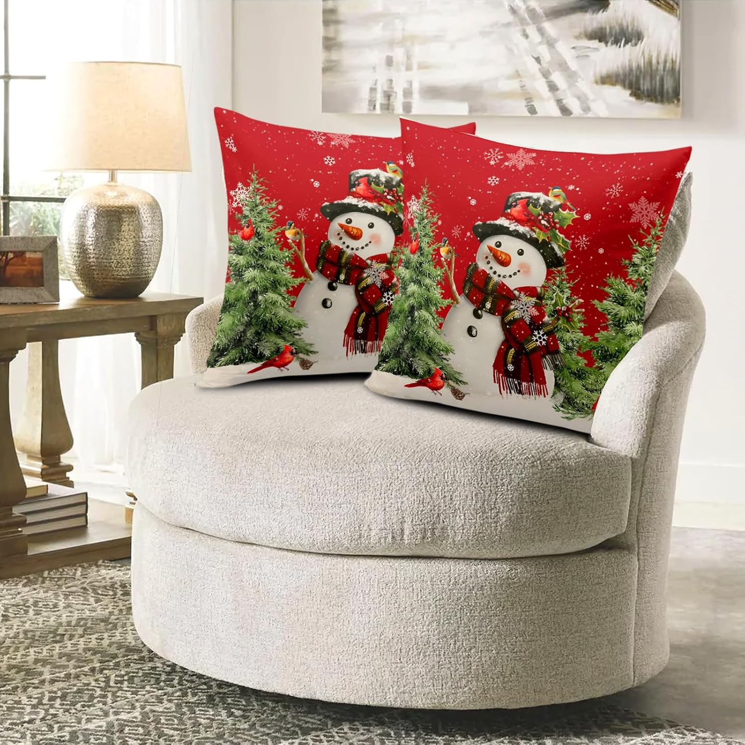 Red Christmas 24x24 Pillow Covers Set of 2 Winter Cute Snowman Pine Bird Snowflake Decorative Throw Pillows Xmas Holiday Pillowcases Cushion Covers for Farmhouse Living Room Decor