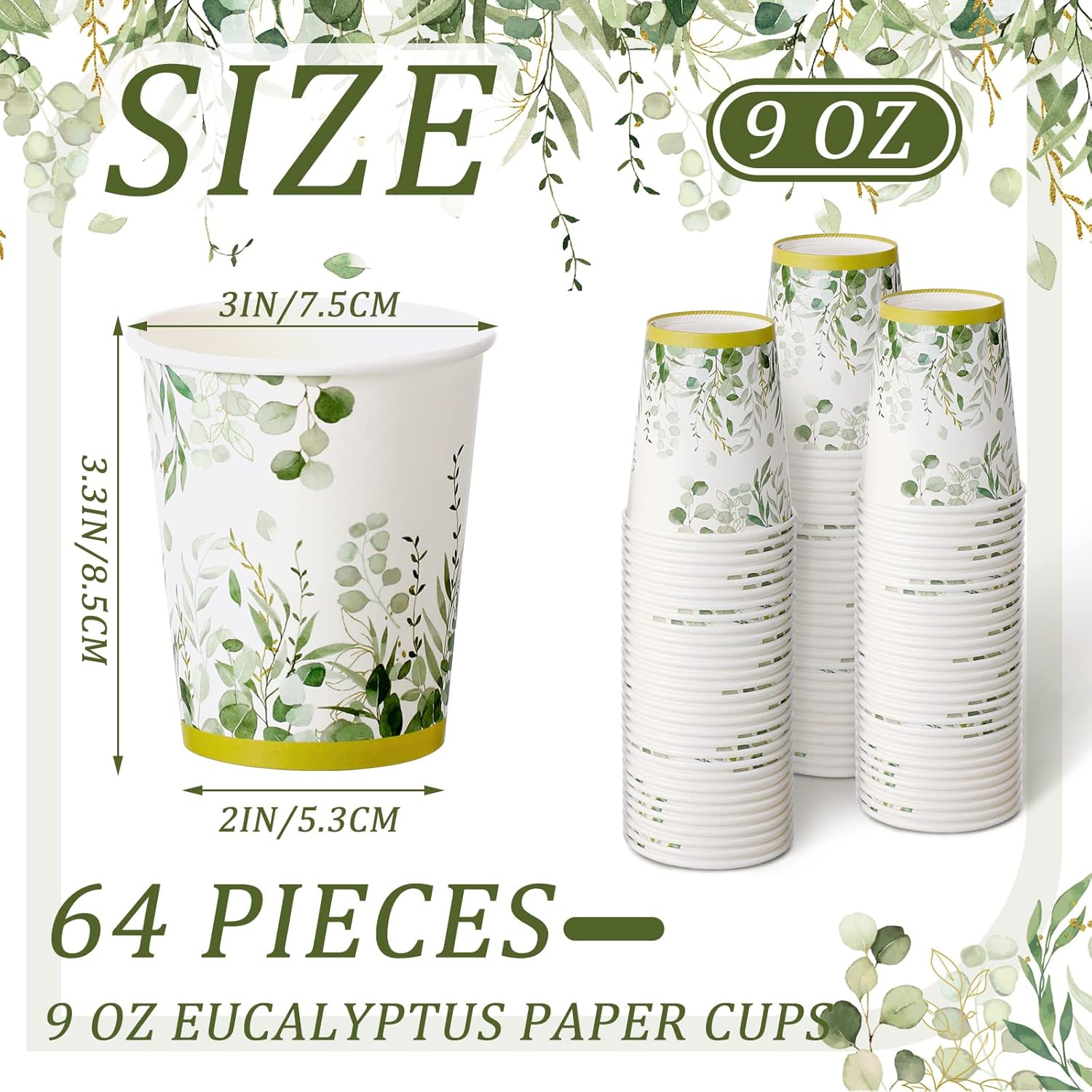 Panelee 64 Pcs Wedding Disposable Cups Bulk Eucalyptus Sage Green Coffee Cups for Wedding Bridal Shower Baby Shower, Birthday & Holidays - Image 2