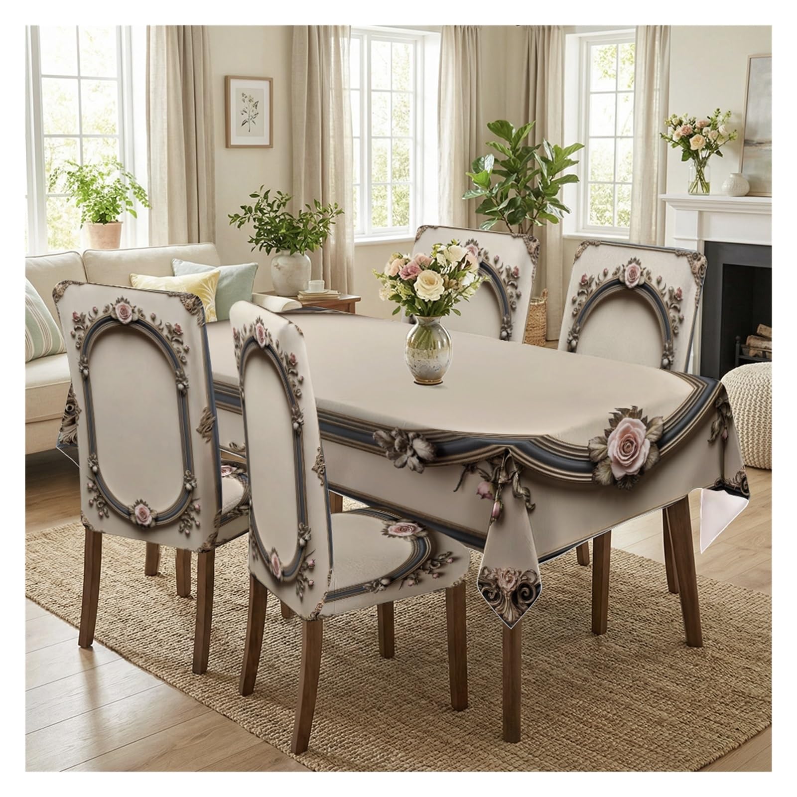 BOSUYBN Baroque Arch Rose Frame Printed Dining Tablecloth & Chair Covers Set, 5/7 Piece Luxury European Classic Home Decor Table Setting(5pcs Set: Tablecloth+Chair Covers)