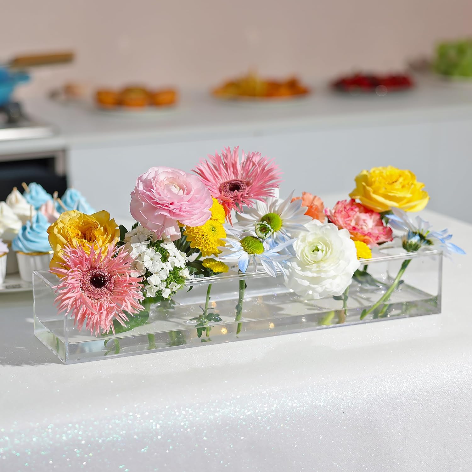 2 Pack Acrylic Rectangle Flower Vase with 14 Holes Each, 15.7in L*4in W*2.6in H Clear Floral Box Vase, Decorative Centerpiece Flower Box for Dining Table Weddings Home Decor