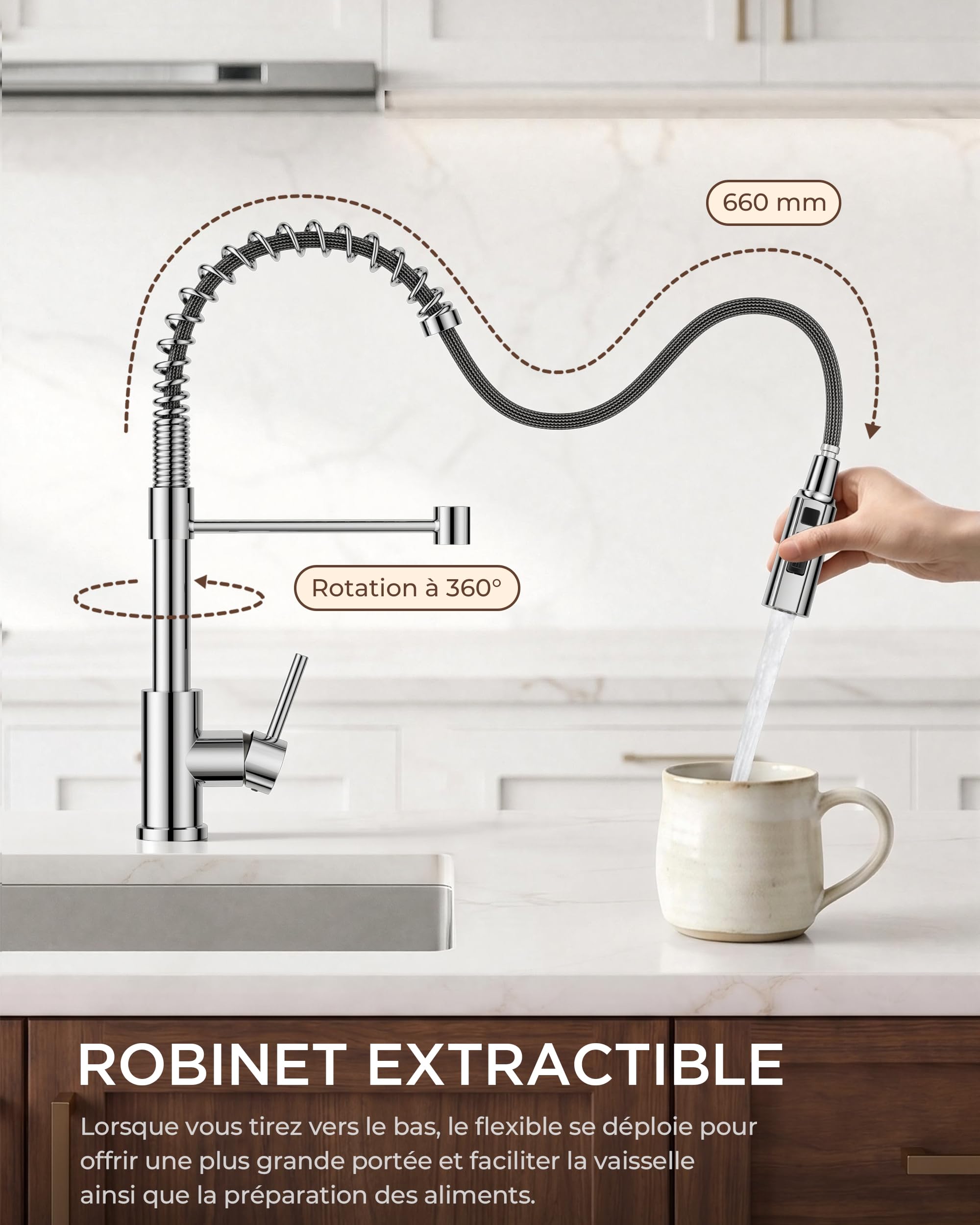FORIOUS Robinet Cuisine, Robinet Evier Extensible, Mitigeur Cuisine à Poignée Unique avec 3 Modes, Robinet D'évier à Ressort Rotatif à 360°, Chrome Poli