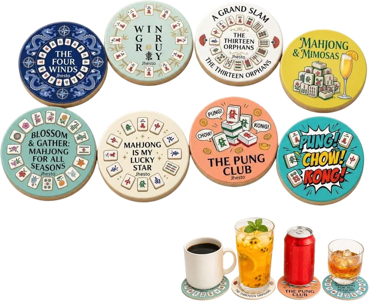 8 Pack Mahjong Coasters, 3.94" Poplar Wood Drink Coasters, Mahjong Mat & Accessories Gifts for Mahjong Lovers, Heat Resistant Table Protectors for Game Night Party Supplies(Circular)