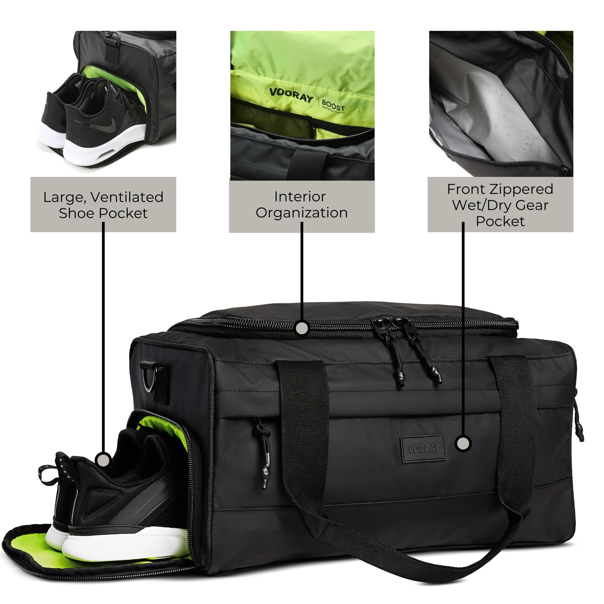 Vooray Boost Duffel 22L - 43.2 cm - Große wasserdichte Sporttasche mit Schuhfach, Zubehörtaschen, Premium Reisetasche, strapazierfähige Wochenendtasche (schwarz matt)