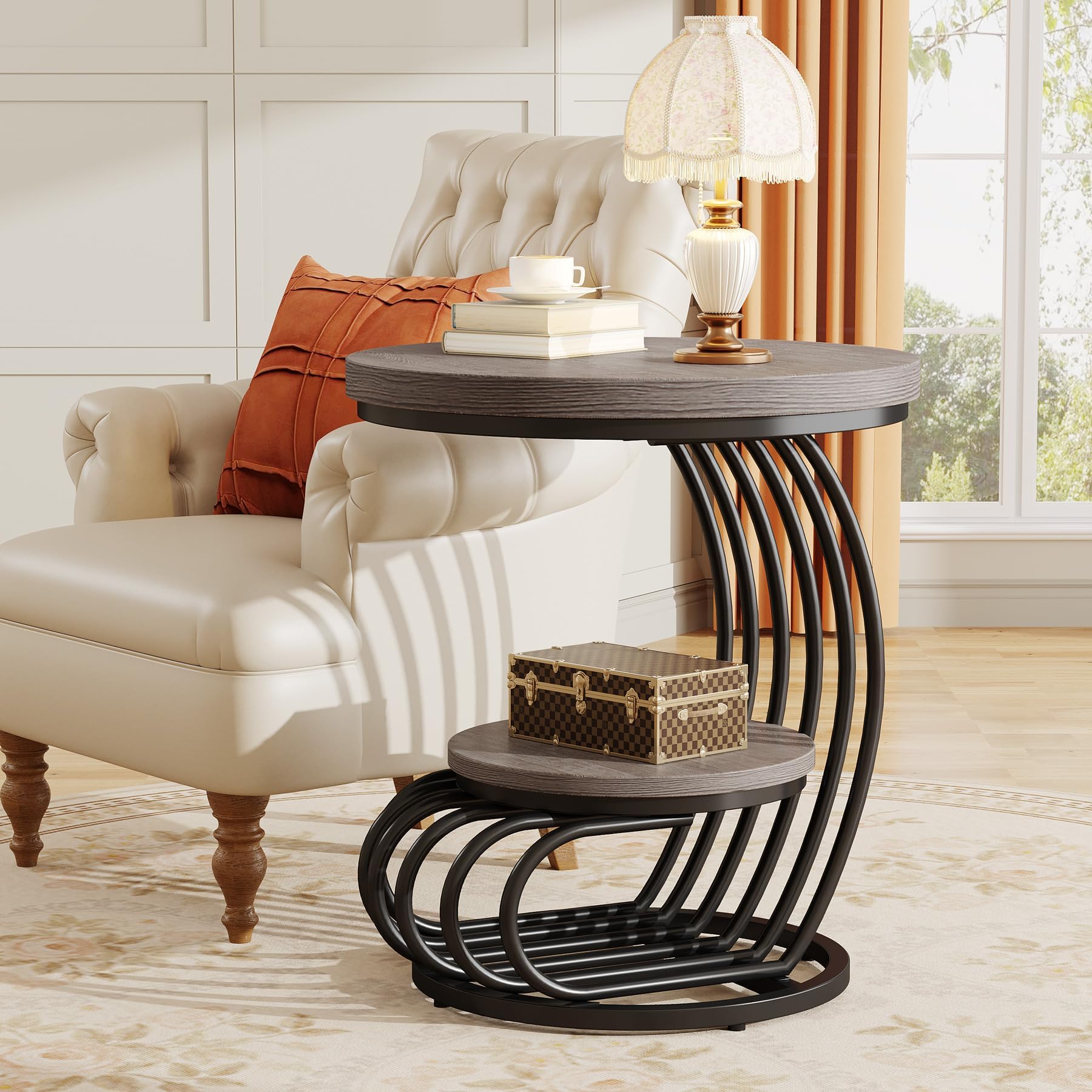 Tribesigns Round End Table: 2 Tiers Wood Side Table with Storage Shelf, Rustic Gray Bedside Nightstand, Metal Arc-Shaped Frame Accent Table for Living Room, Bedroom