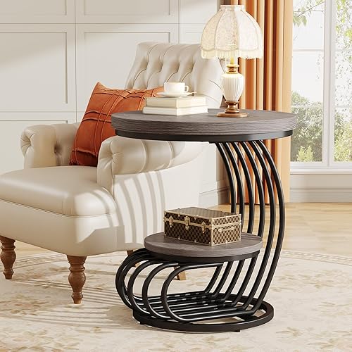 Miniatura 11 de Tribesigns Mesa auxiliar redonda: juego de 2 mesas auxiliares de 2 niveles, mesa auxiliar vintage para sala de estar, mesita de noche pequeña con