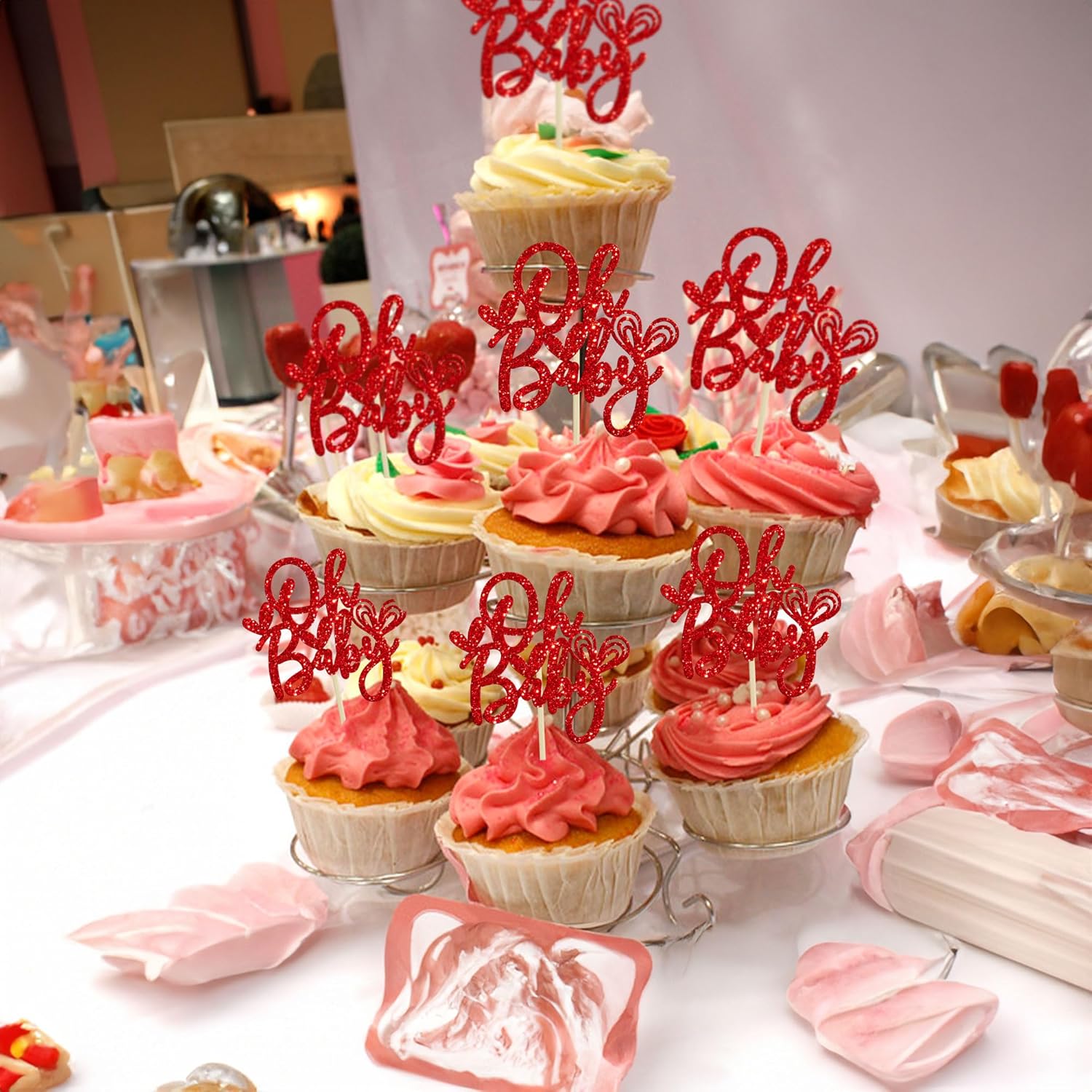 24pc Oh Baby Valentine's Day Cupcake Toppers - Glitter Feet Onesie, Heart & Cupcake Picks - Baby Shower & Birthday Party Supplies Red - Image 7