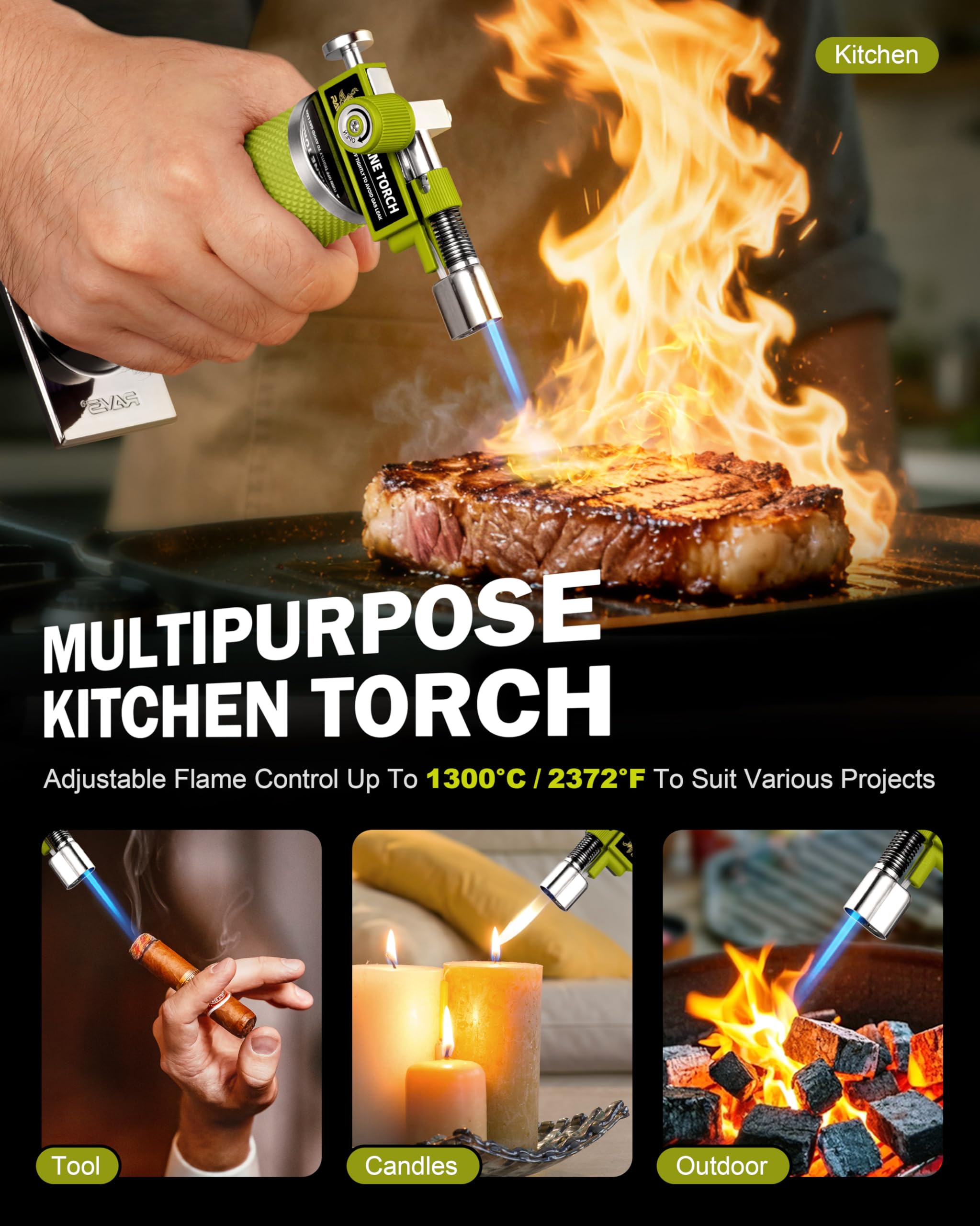 RAVS Encendedor de butano con modo de llama dual, linterna de cocina recargable, cuerpo de metal, para hornear, cocinar, arte de resina con llama ajustable, soplete de soldadura verde, gas butano no