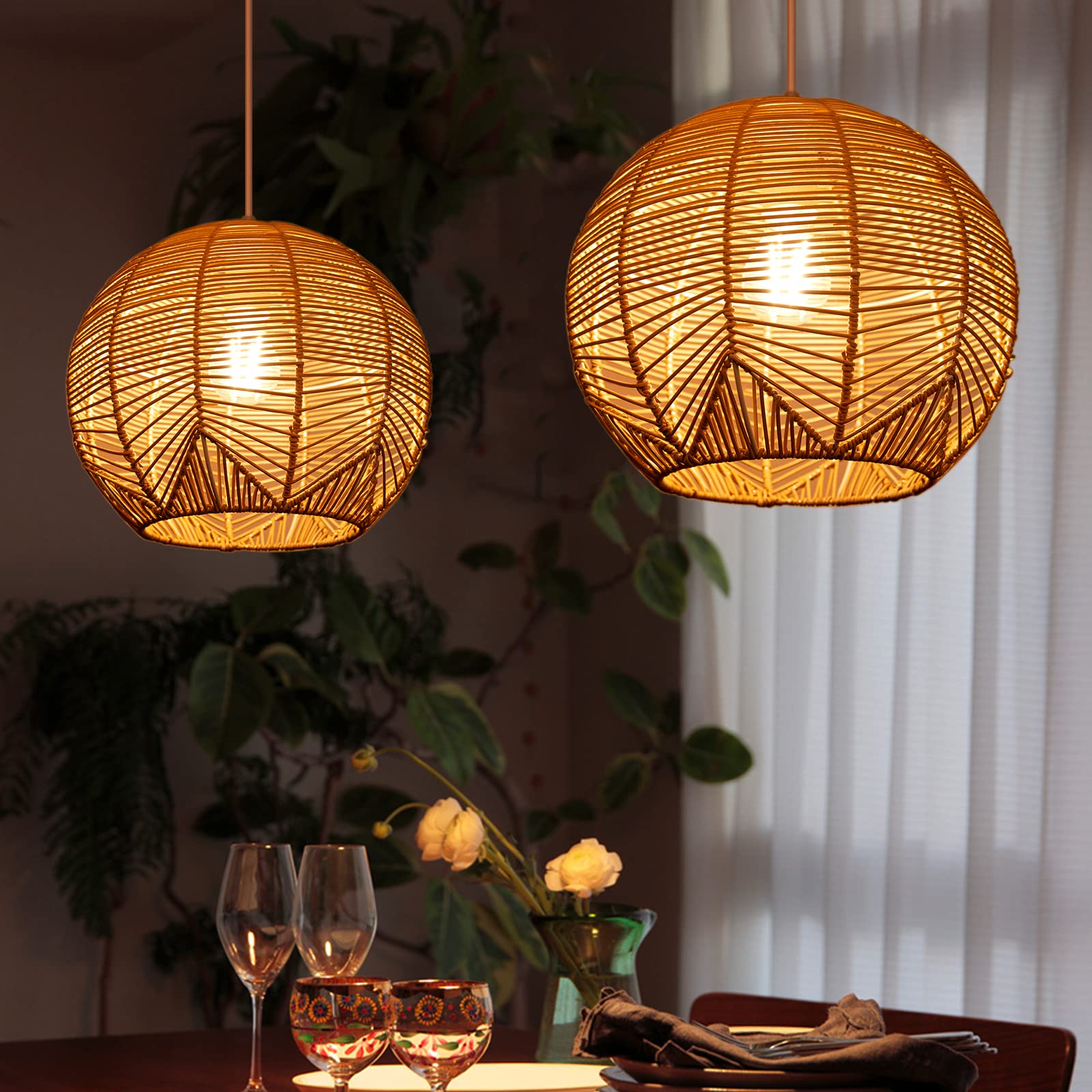 Arturesthome Rattan Pendant Light for Kitchen Island, Boho Wicker Chandelier Lighting, Handmade Woven Hanging Ceiling Light Lampshade for Living Room Bedroom