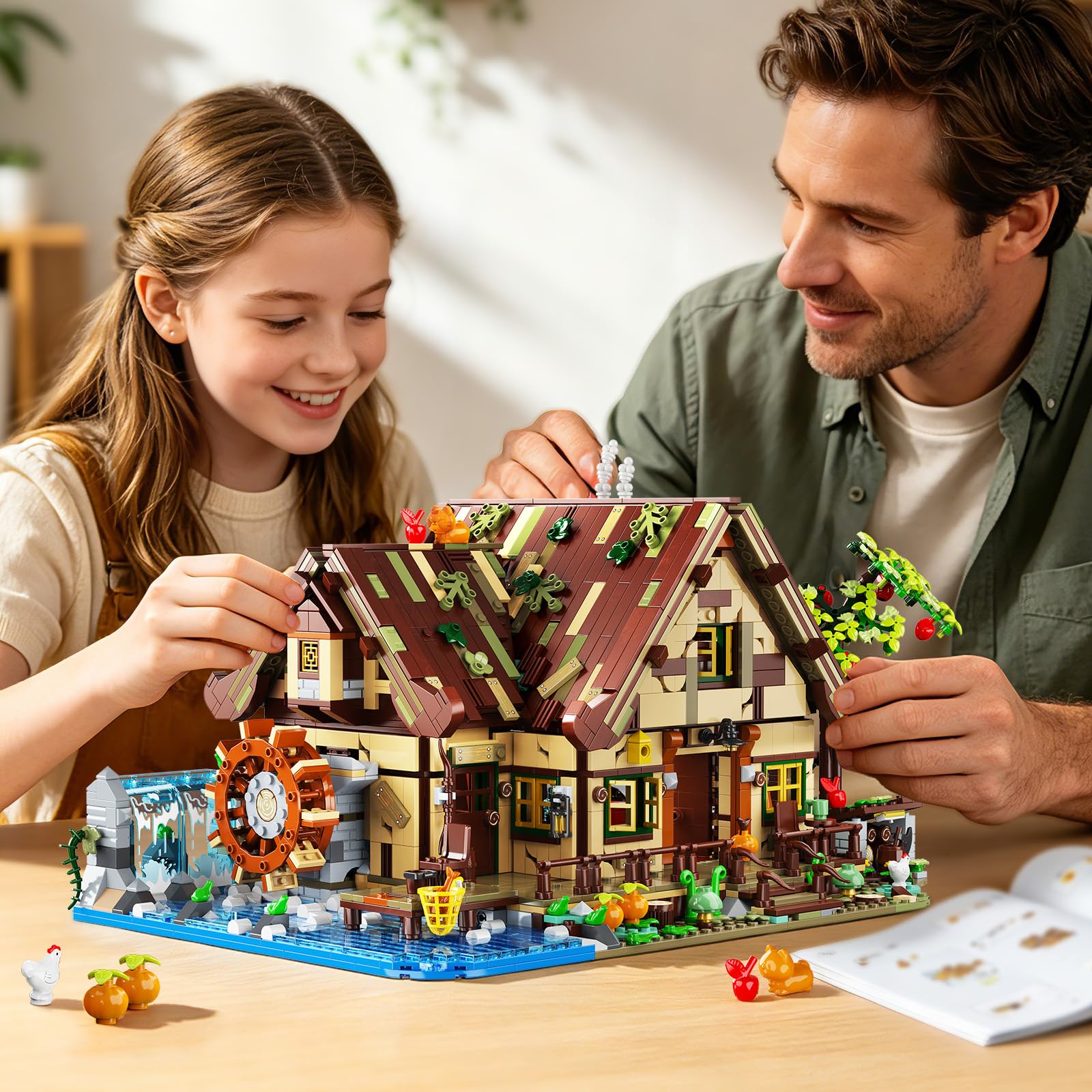 INSOON Jeu de Construction Maison en Bois avec lumières Adultes | Mini briques de construction, chalet forestier avec animaux, modèle décoratif pour maison et bureau, cadeau femmes hommes