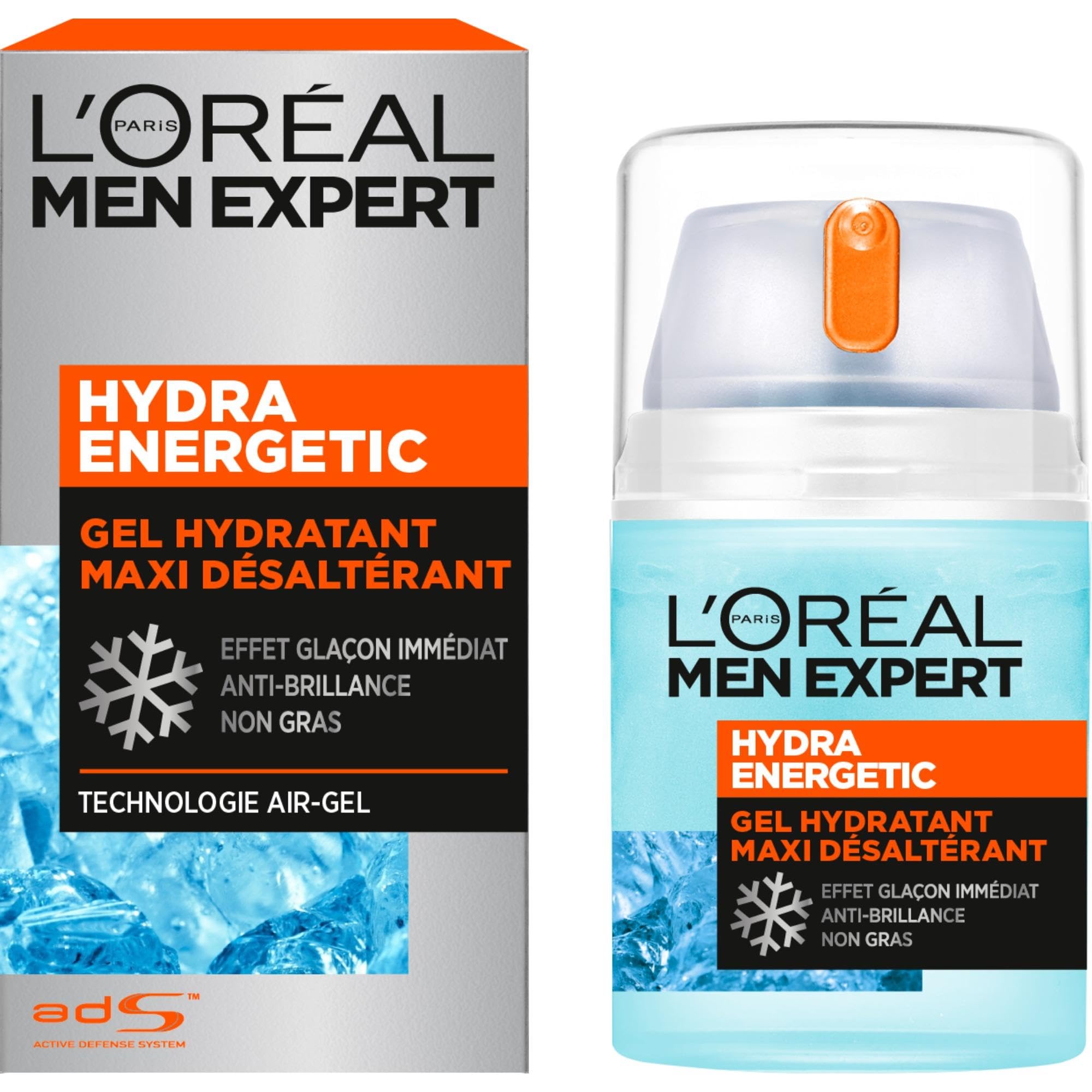L'Oréal Men Expert - Nawilżający żel do twarzy dla mężczyzn - Maxi Giszący pragnienie - Odświeżający efekt kostek lodu - Technologia Air-Gel - Wszystkie rodzaje skóry - Hydra Energetic - 50 ml | Technologia Air-Gel, efekt chłodzenia, ultra świeża konsyste