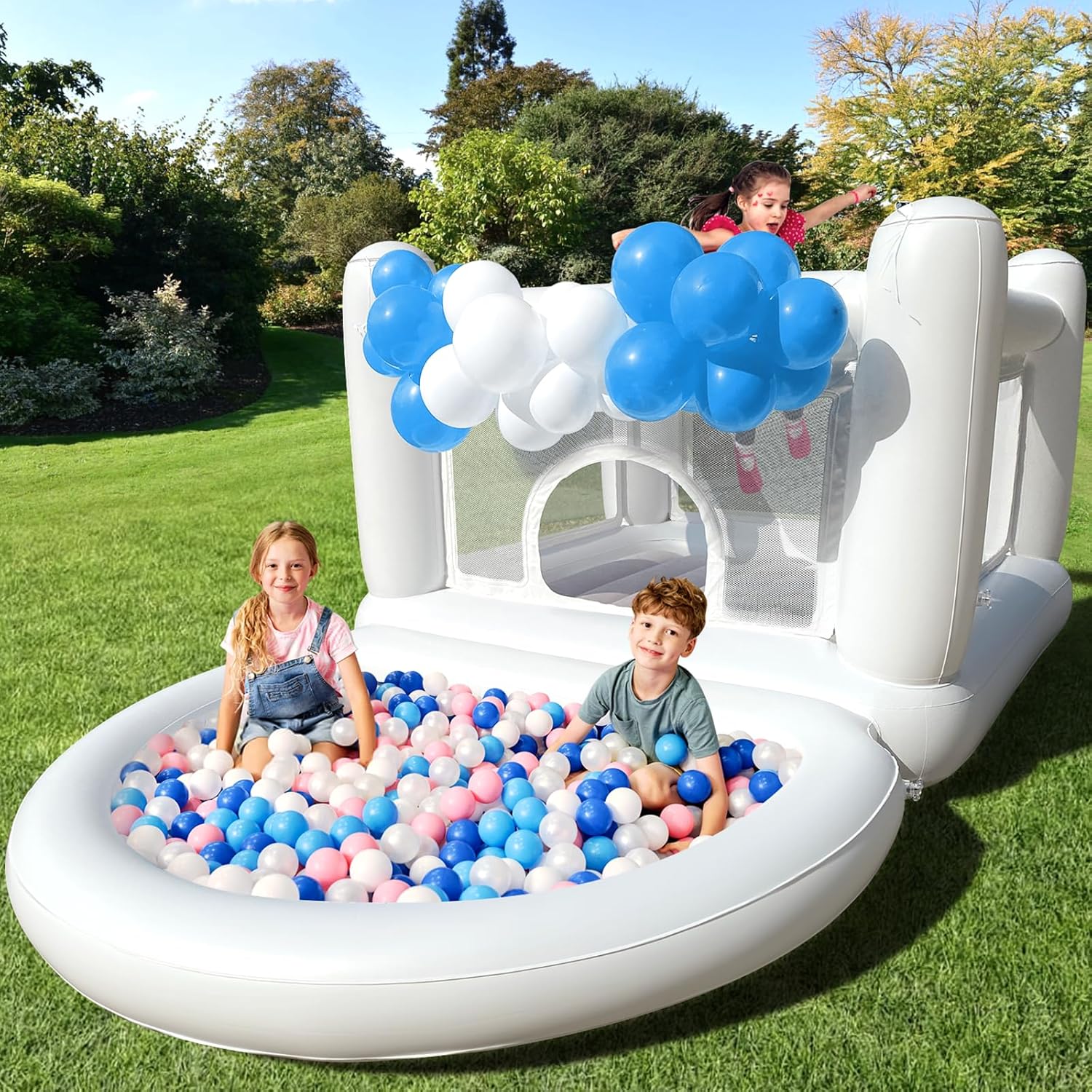 Bounce House with Ball Pit for Kids Age 3-6 Indoor Inflatable Bouncer Waterproof and Durable Material Outdoor White Bouncy Castle for 3 Toddlers with Electric Pump-Built to Last & Safety 119*59*69inch
