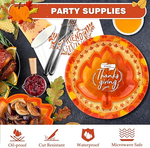 Miniatura 6 de Juego de 200 platos y tazas de papel de hojas de otoño para suministros y decoraciones de fiesta de Acción de Gracias de 50 a 10 pulgadas