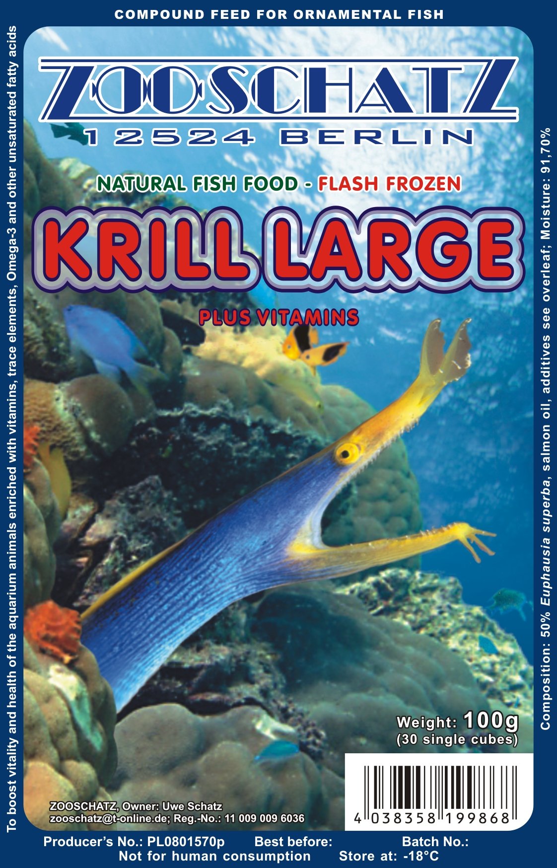 Zooschatz *** BUY 2 AND GET 1 FREE *** FROZEN KRILL LARGE - Fish food in 100g blister pack - Excellent for most types of freshwater and marine fish
