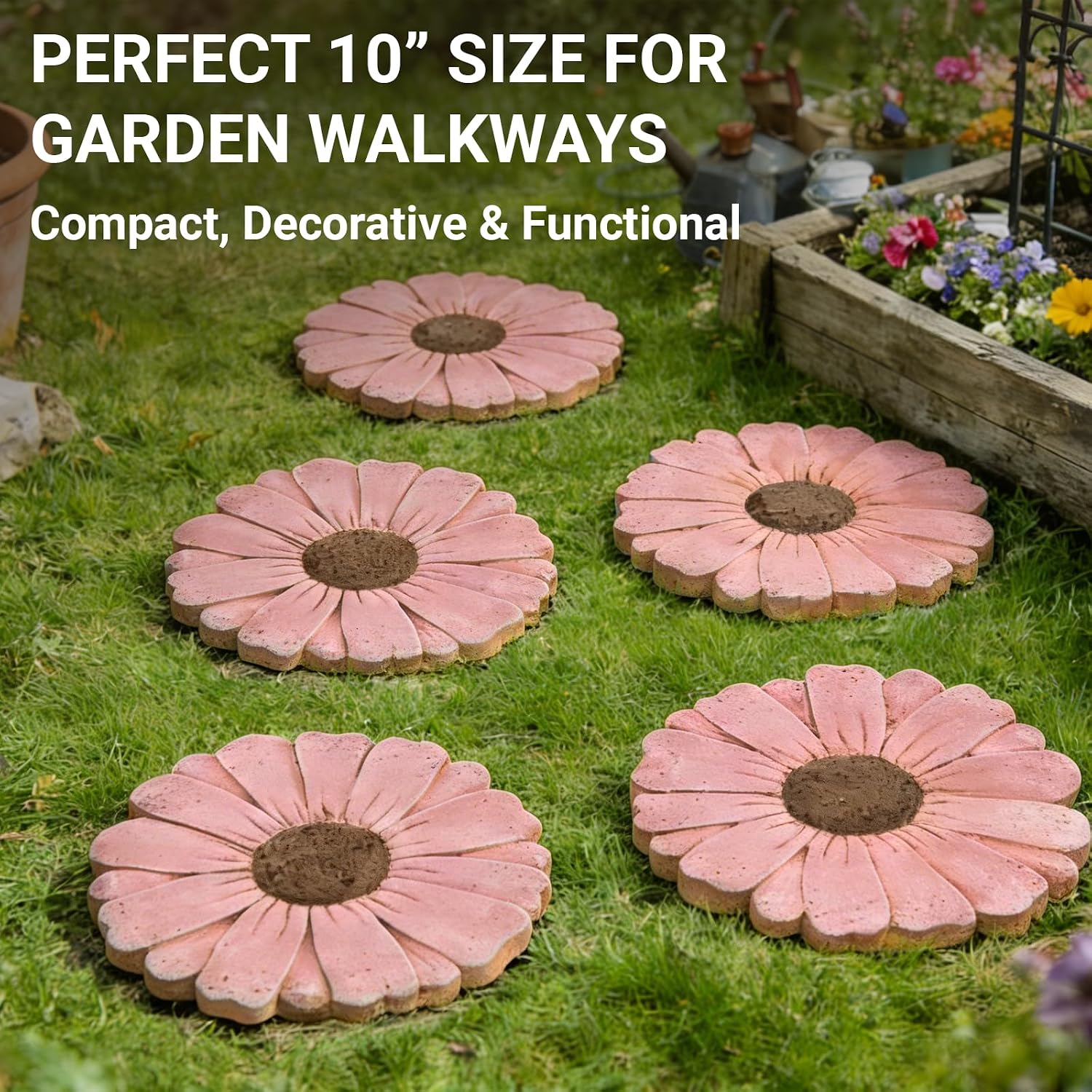 2 Pack Daisy Cement Stepping Stones 10 Inch, Heavy Duty Garden Pathway Stones, Non Slip Outdoor Walkway Decor for Yard Patio Lawn, Weather Resistant Cement Stepping Stones (Pink)
