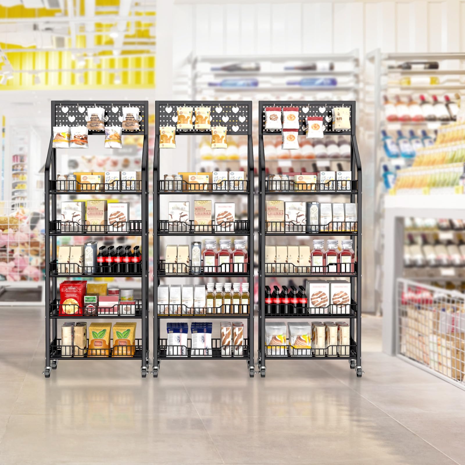 Snack-Regal Supermarkt, Großes Snack Regal mit Rädern und 15 Haken