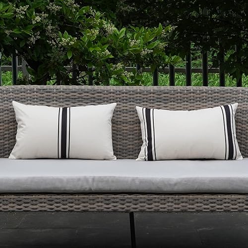 Miniatura 6 de ONWAY Juego de 2 fundas de almohada para exteriores impermeables de 12 x 20 pulgadas, fundas de almohada lumbar, color beige y negro, a rayas para