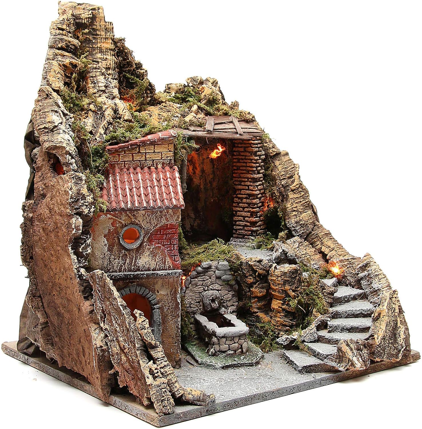 Neapolitan Nativity Scene Village with cave and Fountain 38x45x35 cm