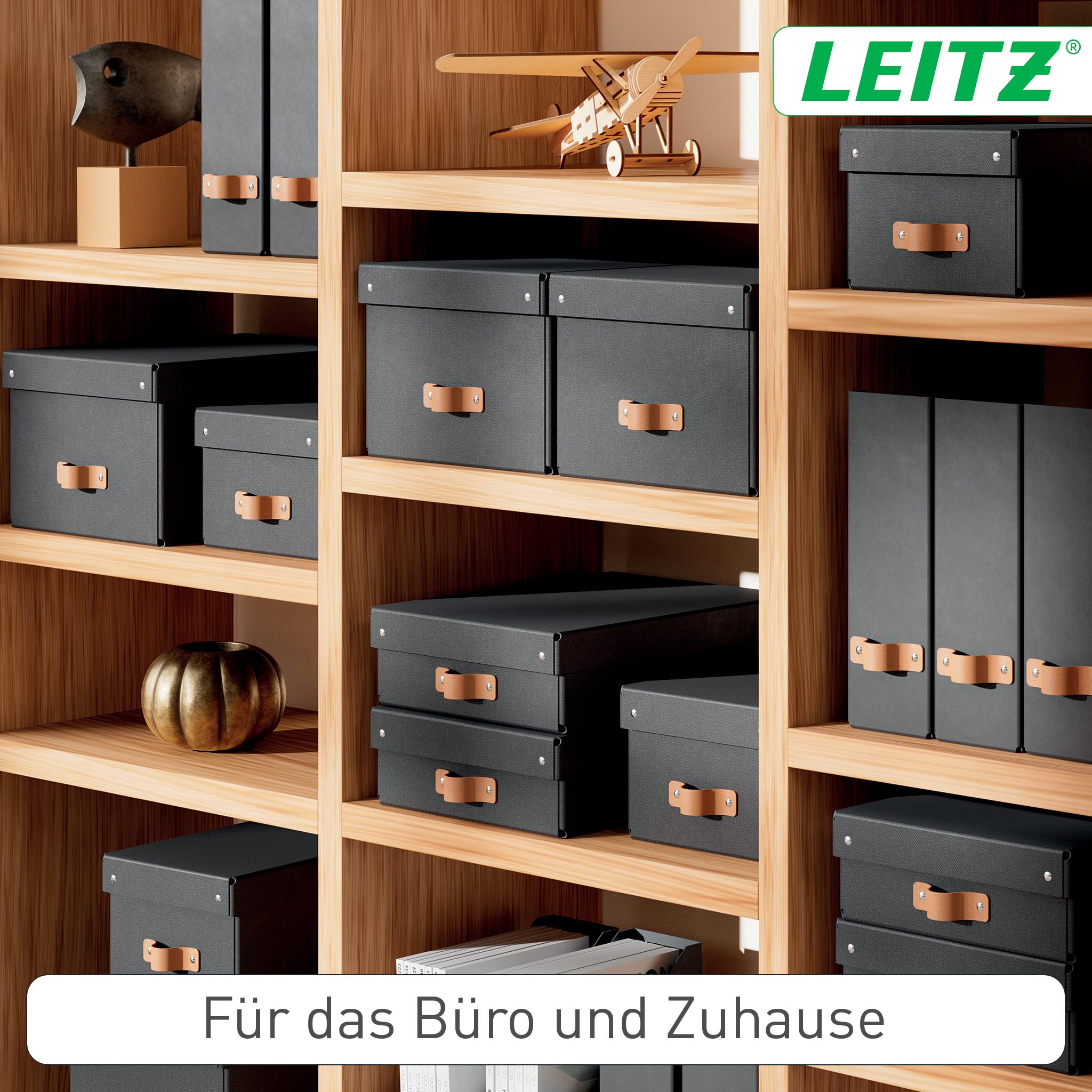 Leitz Puro Aufbewahrungsbox mit Deckel, Medium, 2er-Set, Box 17 L, stapelbar, Organizer-Box für Regale und Schränke, FSC-Karton, für Büro und Home Office, 26 x 35 x 20 cm, Schwarz, 61490095